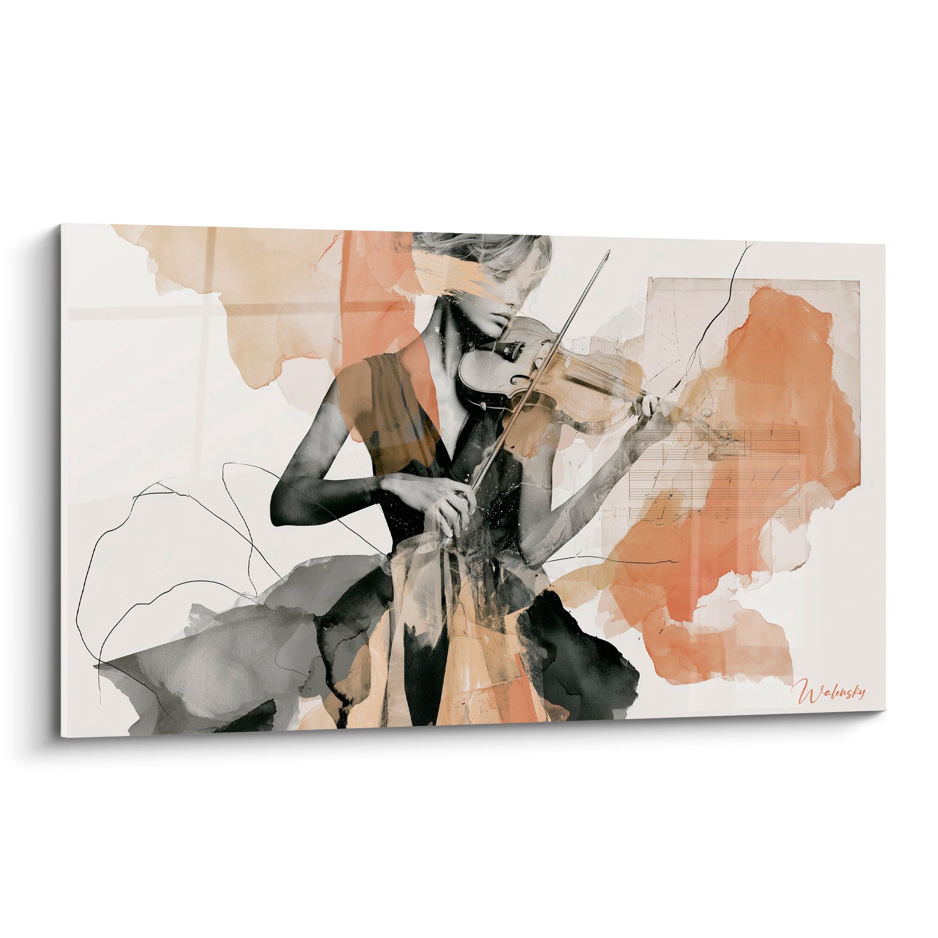 Violoniste esquissée en gris anthracite et terracotta, archet levé sur fond de partition ancienne