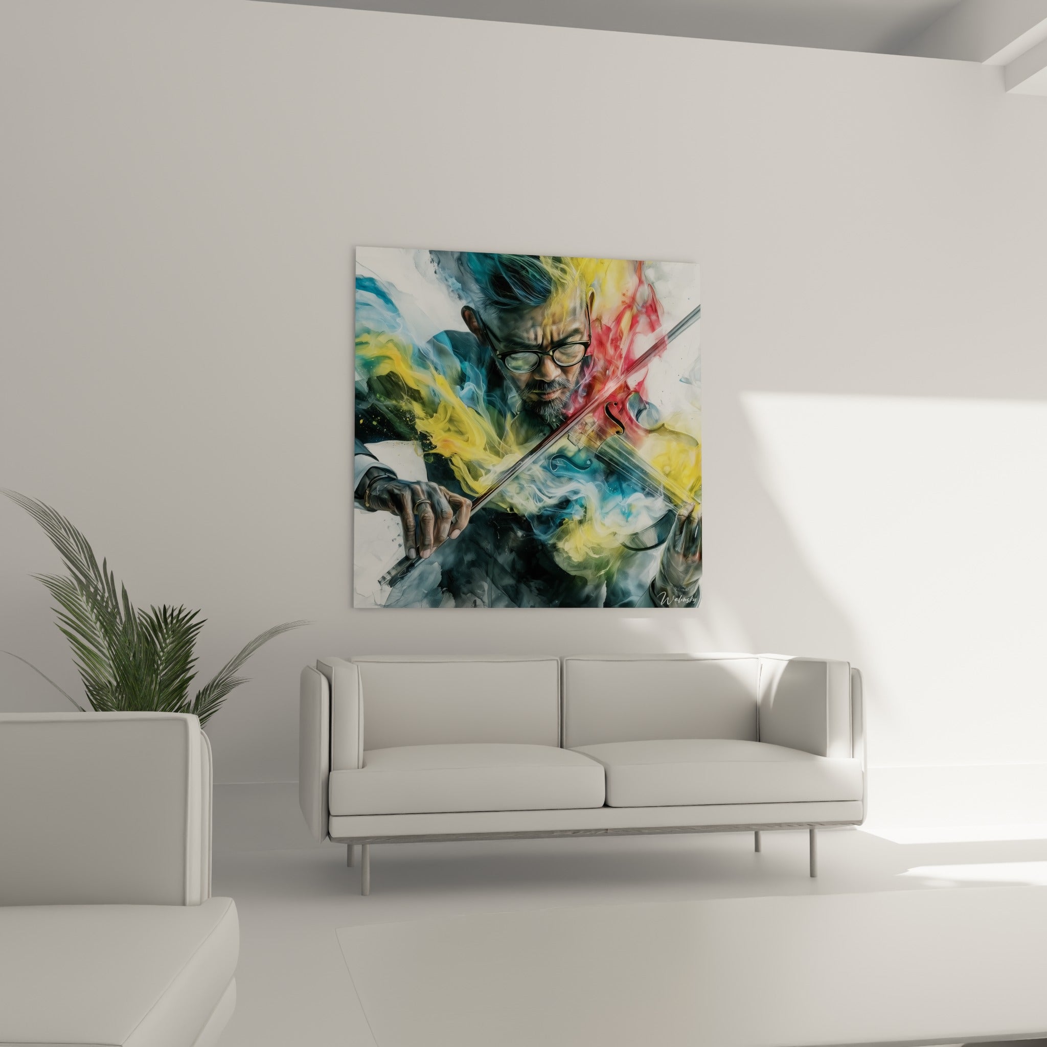 Portrait expressif d'un violoniste aux teintes rouge vermillon et bleu marine, au-dessus d'un canapé dans un salon lumineux