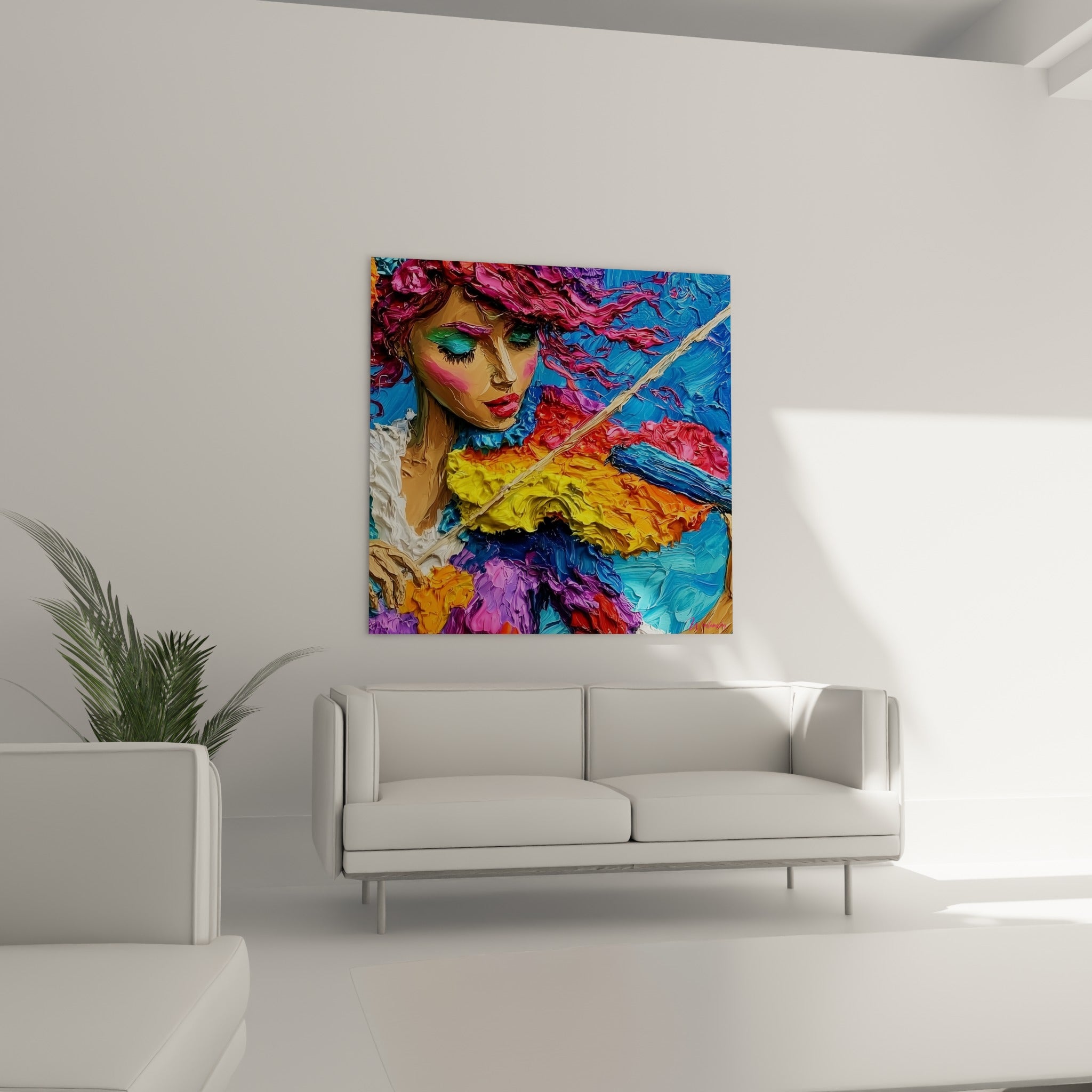 Violoniste au visage serein, teintes bleu marine et fuchsia, au-dessus d'un canapé dans un salon lumineux