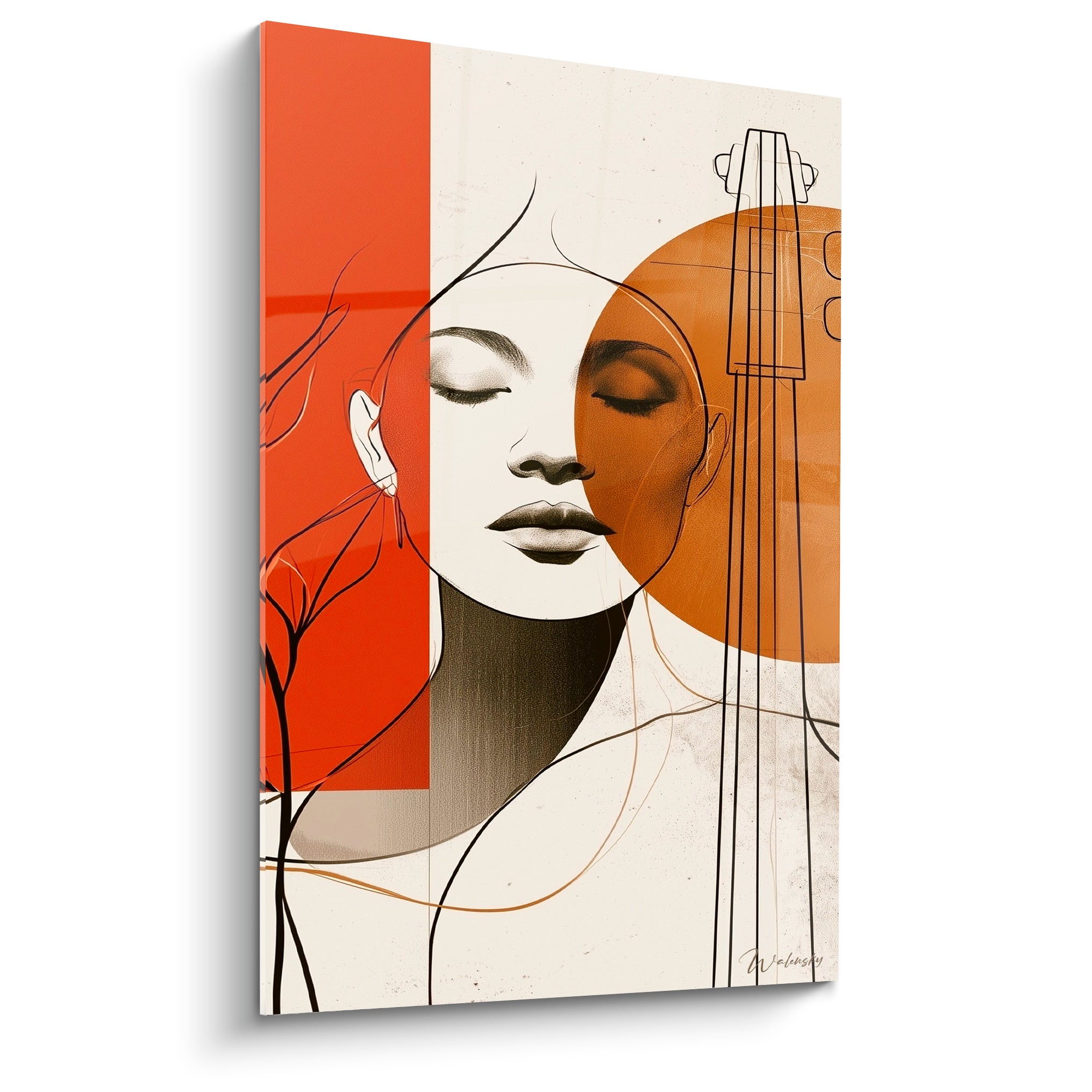 Musique : visage aux yeux clos, cercle terracotta et manche de violoncelle sur fond beige et orange