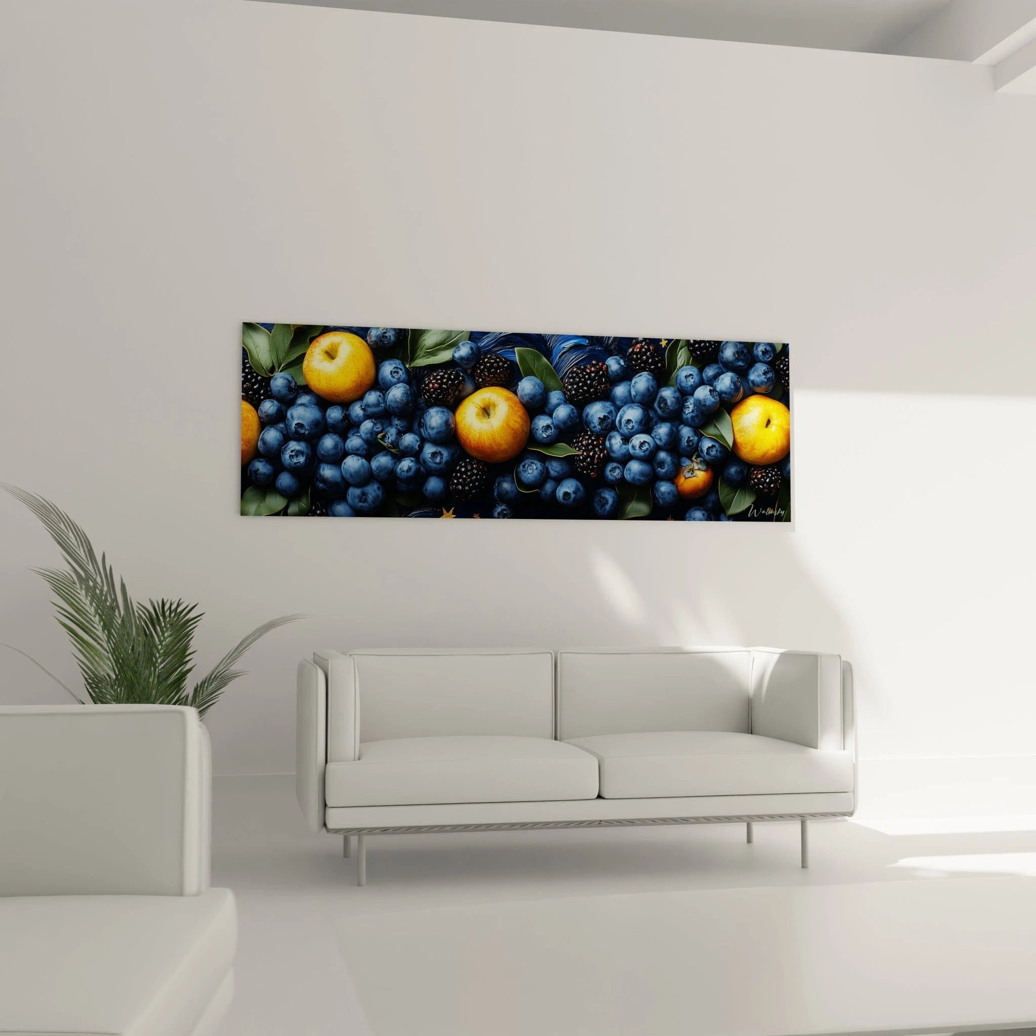 Un tableau fruits célestes présentant un contraste saisissant entre des baies bleues et noires, des pommes orangées brillantes et un fond cosmique aux tourbillons bleu profond décoré d'étoiles dorées, créant une fusion entre terrestre et céleste.