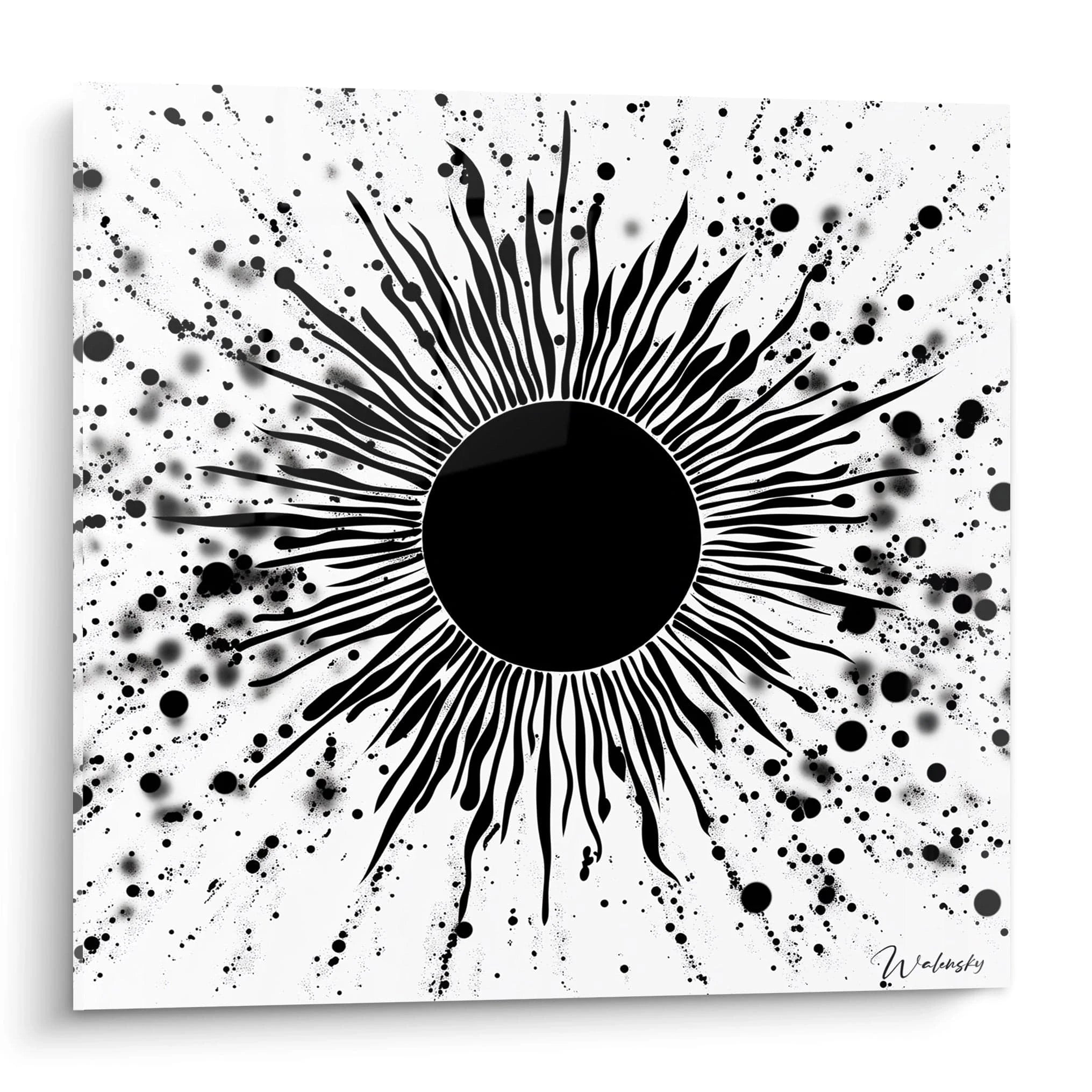 Tableau tacheté noir et blanc de Walensky représentant un motif ensoleillé abstrait