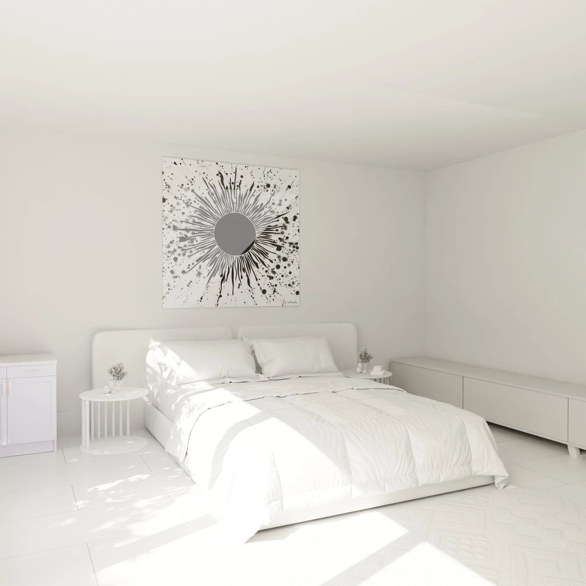 Tableau tacheté noir et blanc Walensky accroché au mur d'une chambre lumineuse et moderne