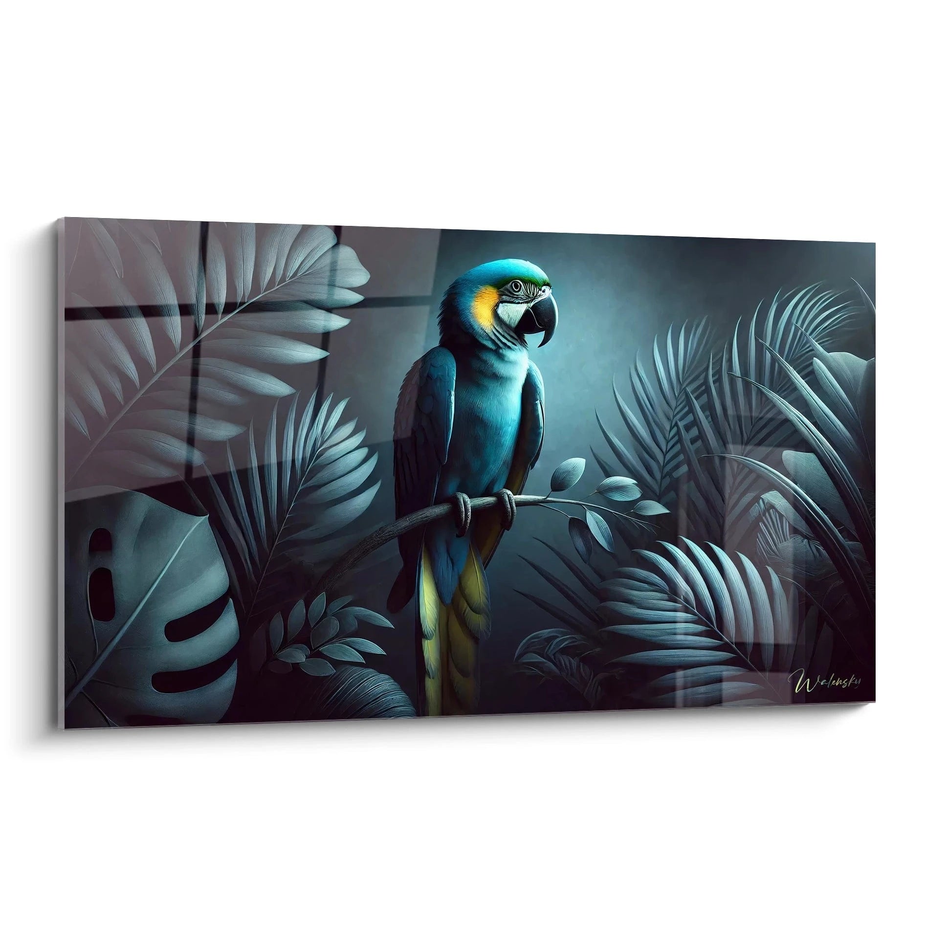 Ce tableau perroquet capture l'exotisme avec des détails réalistes. Vue de biais, chaque feuille et plume est mise en valeur, parfait pour apporter une touche naturelle et élégante à votre intérieur.