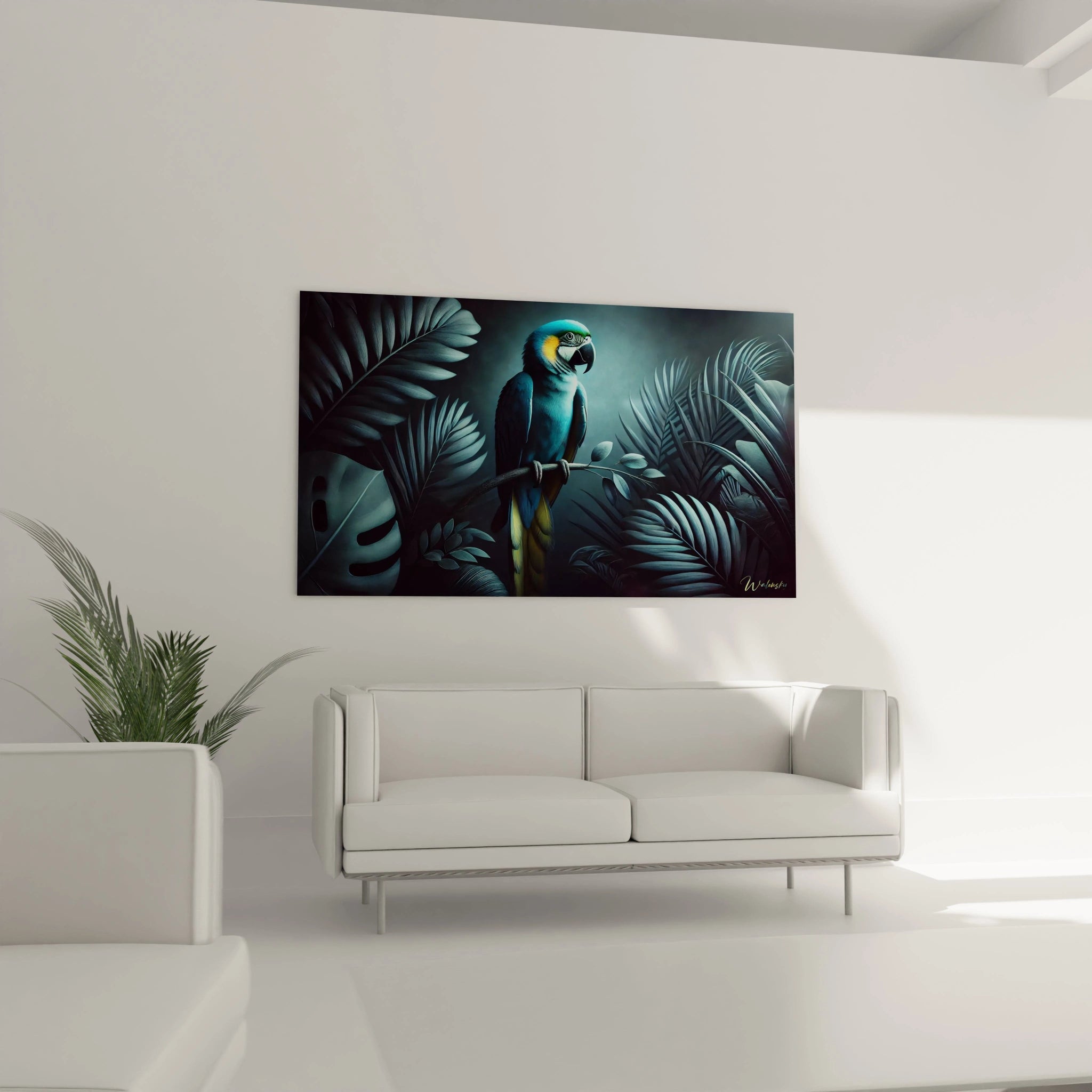 Ce tableau perroquet suspendu au-dessus du canapé sublime votre salon avec ses teintes naturelles. Ses nuances subtiles de bleu et de vert créent une atmosphère calme et sophistiquée.