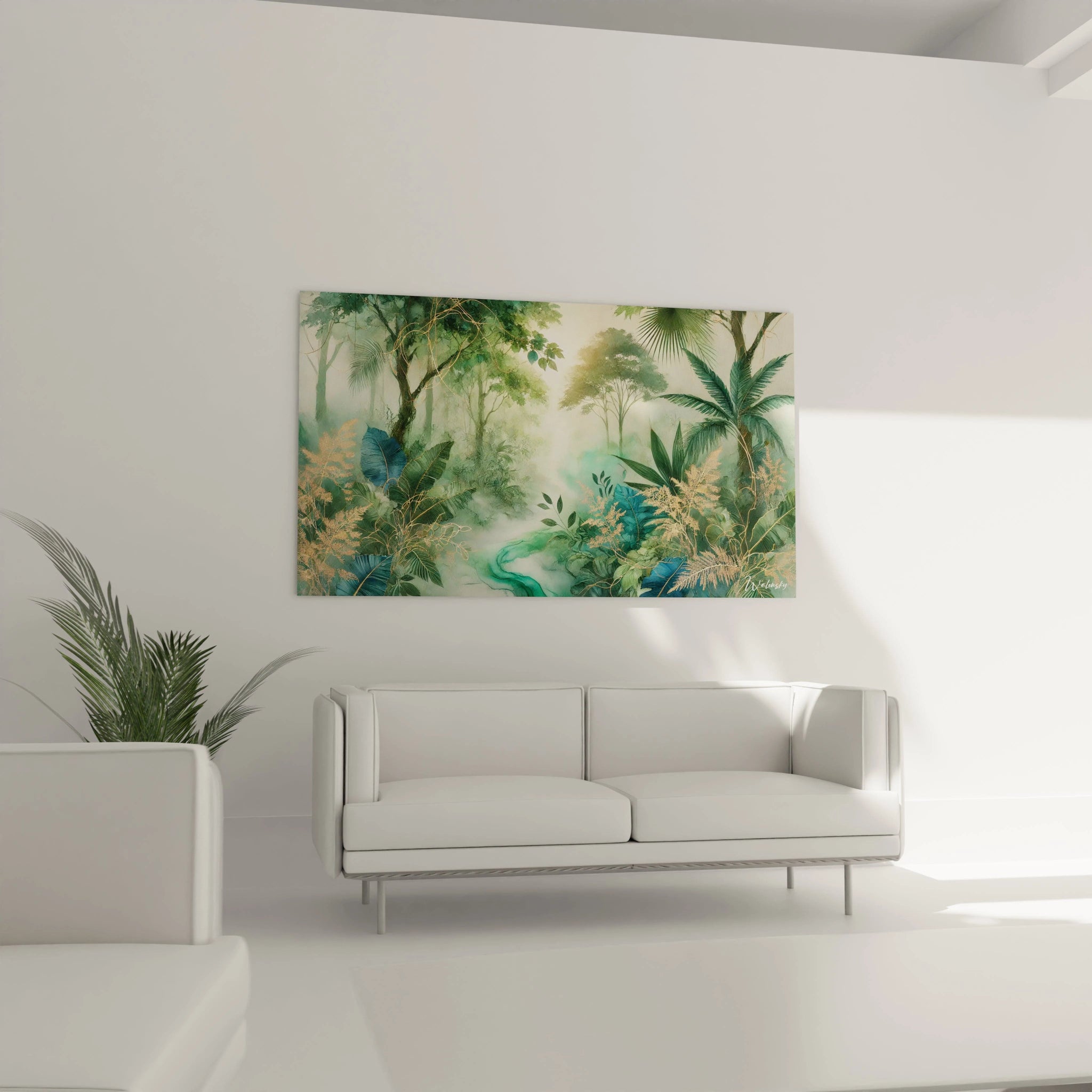 Ce tableau jungle embellit votre salon au-dessus du canapé. Ses nuances de vert et d'or évoquent une nature féerique, apportant calme et sophistication à votre intérieur.