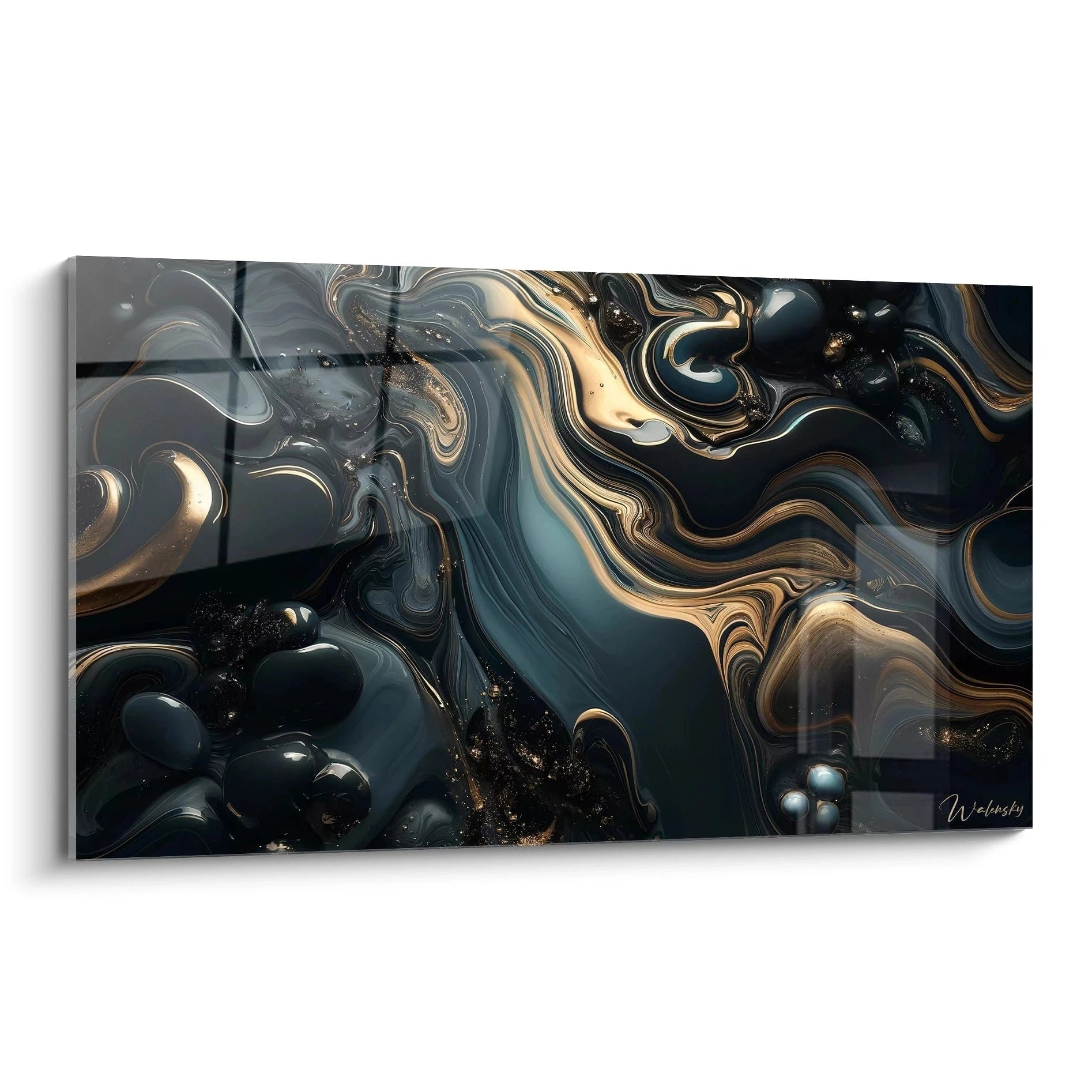 Un tableau abstrait composé de formes fluides et ondulées, avec des teintes noir profond, doré métallique et bleu pétrole, et des textures lisses et brillantes.