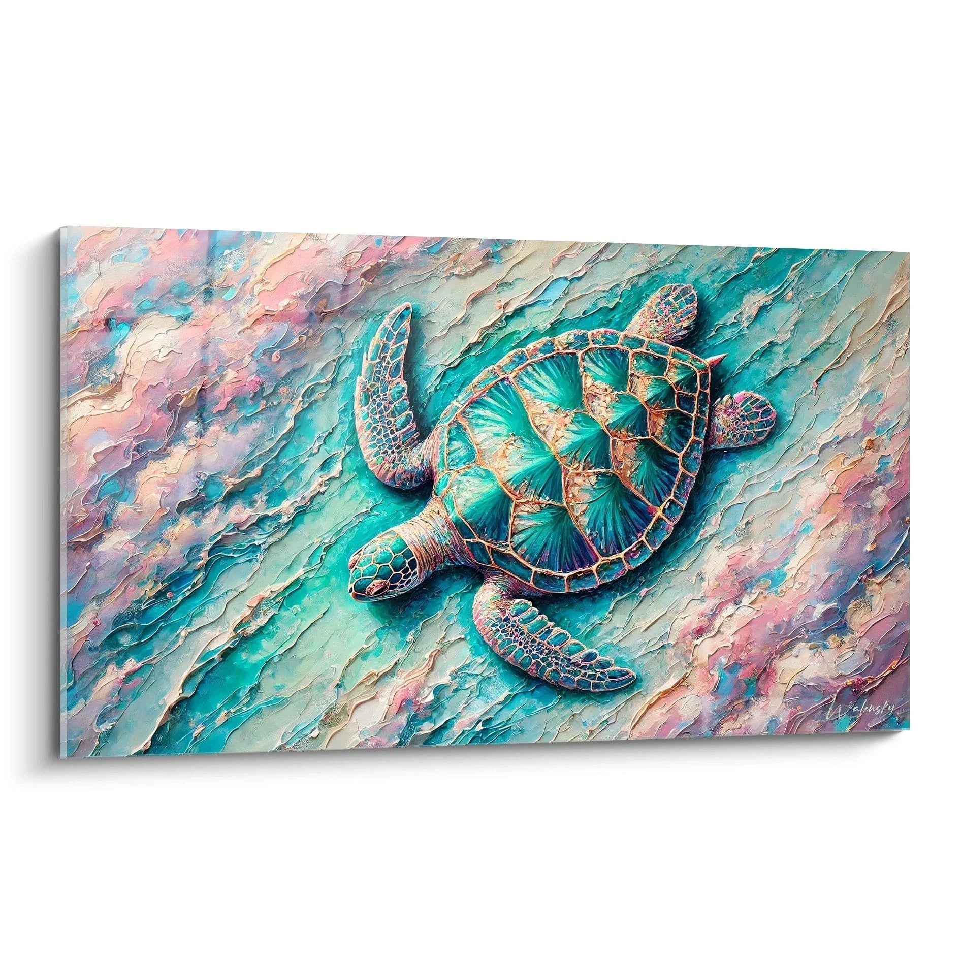 Ce tableau tortue de mer offre une vue captivante avec ses détails réalistes et ses nuances bleues et vertes. Une œuvre idéale pour ajouter une touche de nature et d'élégance à votre intérieur moderne.