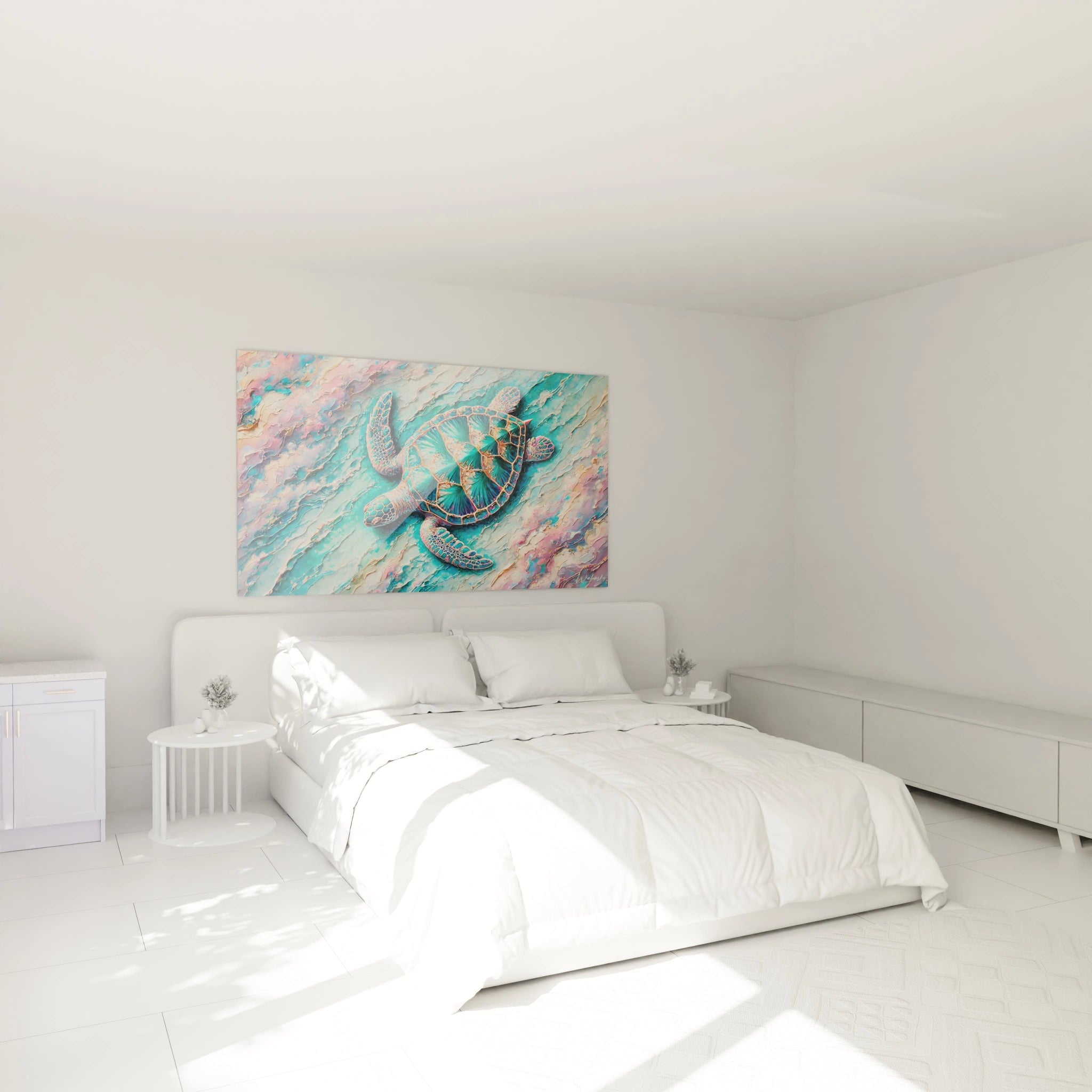 Sublimez votre chambre avec ce tableau tortue de mer accroché au-dessus du lit. Il apporte une ambiance apaisante, rappelant les profondeurs marines, pour une décoration harmonieuse et relaxante.