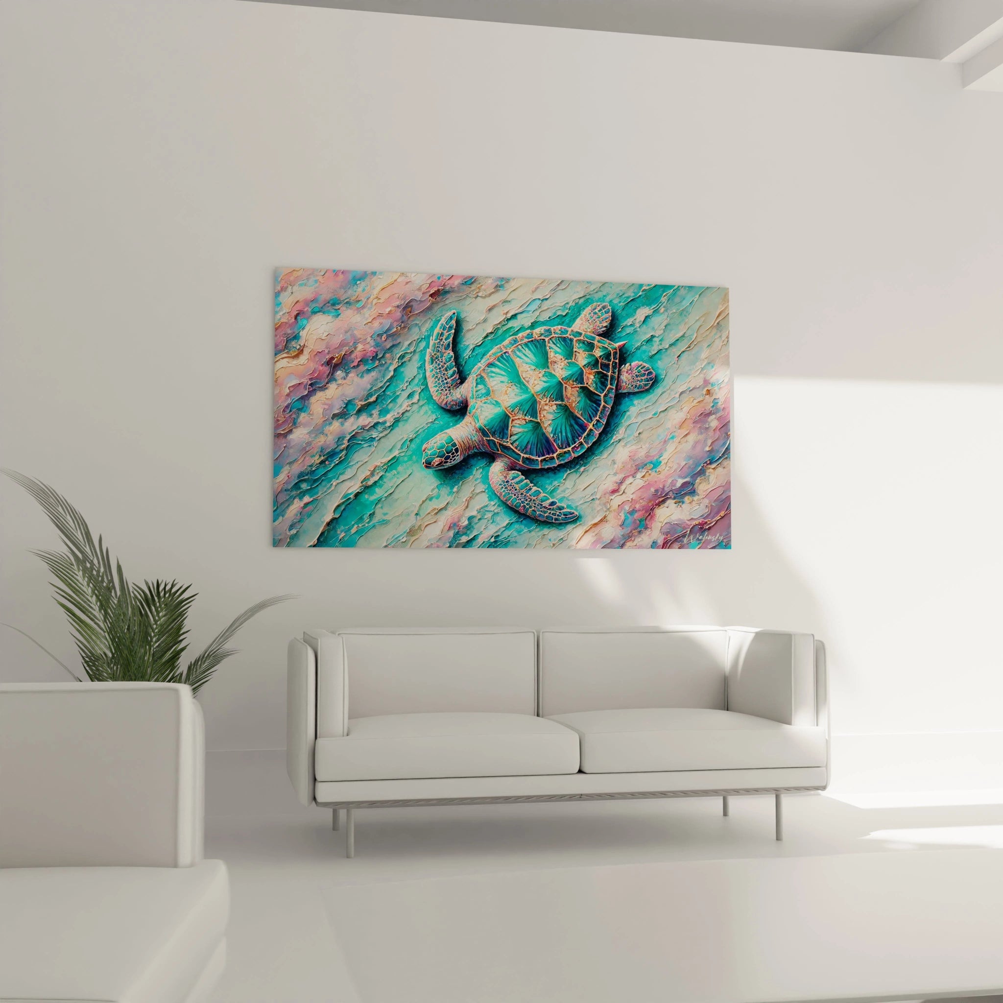 Transformez votre salon avec ce tableau tortue de mer suspendu au-dessus du canapé. Ses couleurs dynamiques et son design détaillé offrent une touche exotique et contemporaine à votre espace.