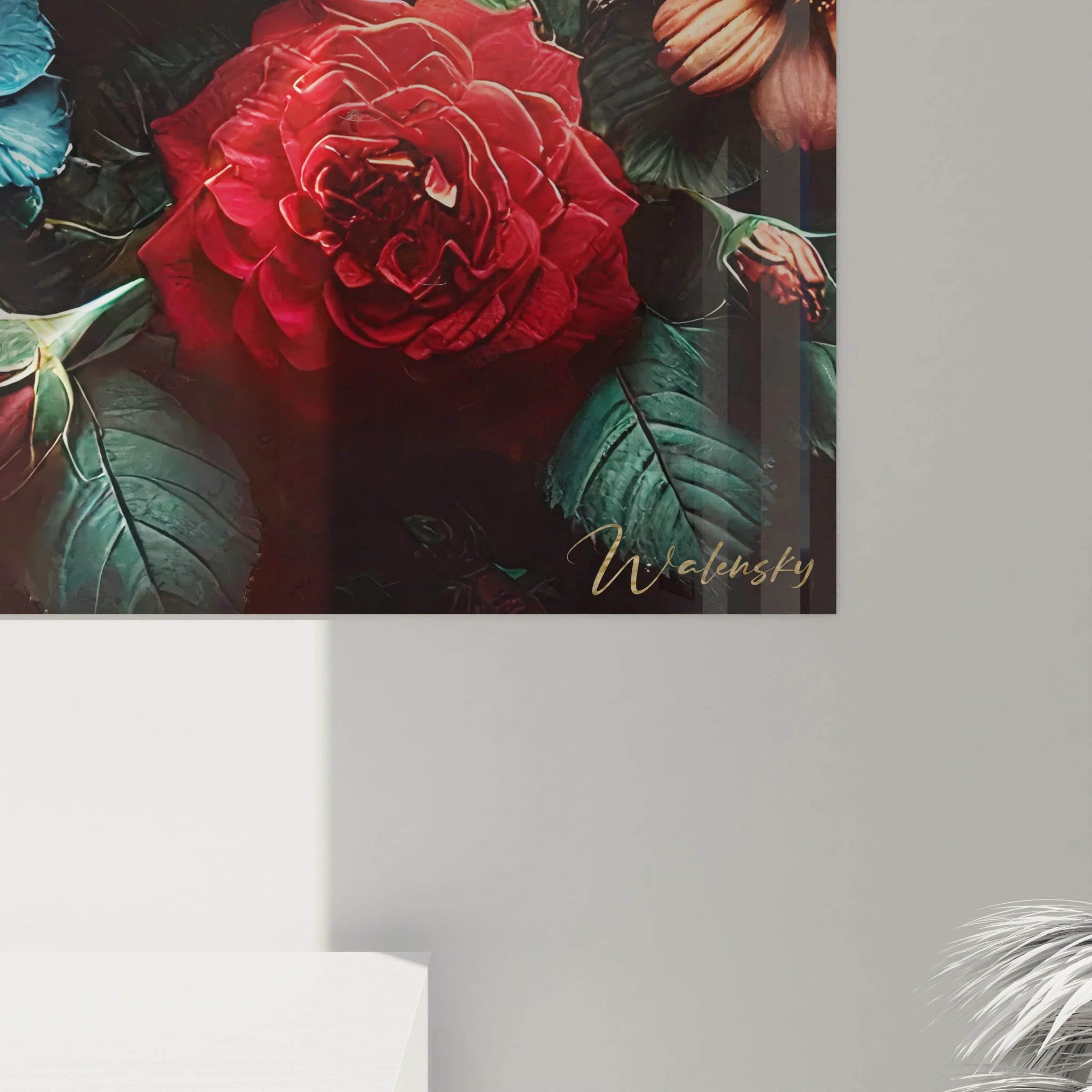 Découvrez de près la finesse des détails de ce tableau panthère noire. Le pelage texturé et les fleurs colorées offrent une fusion parfaite entre force sauvage et beauté florale.