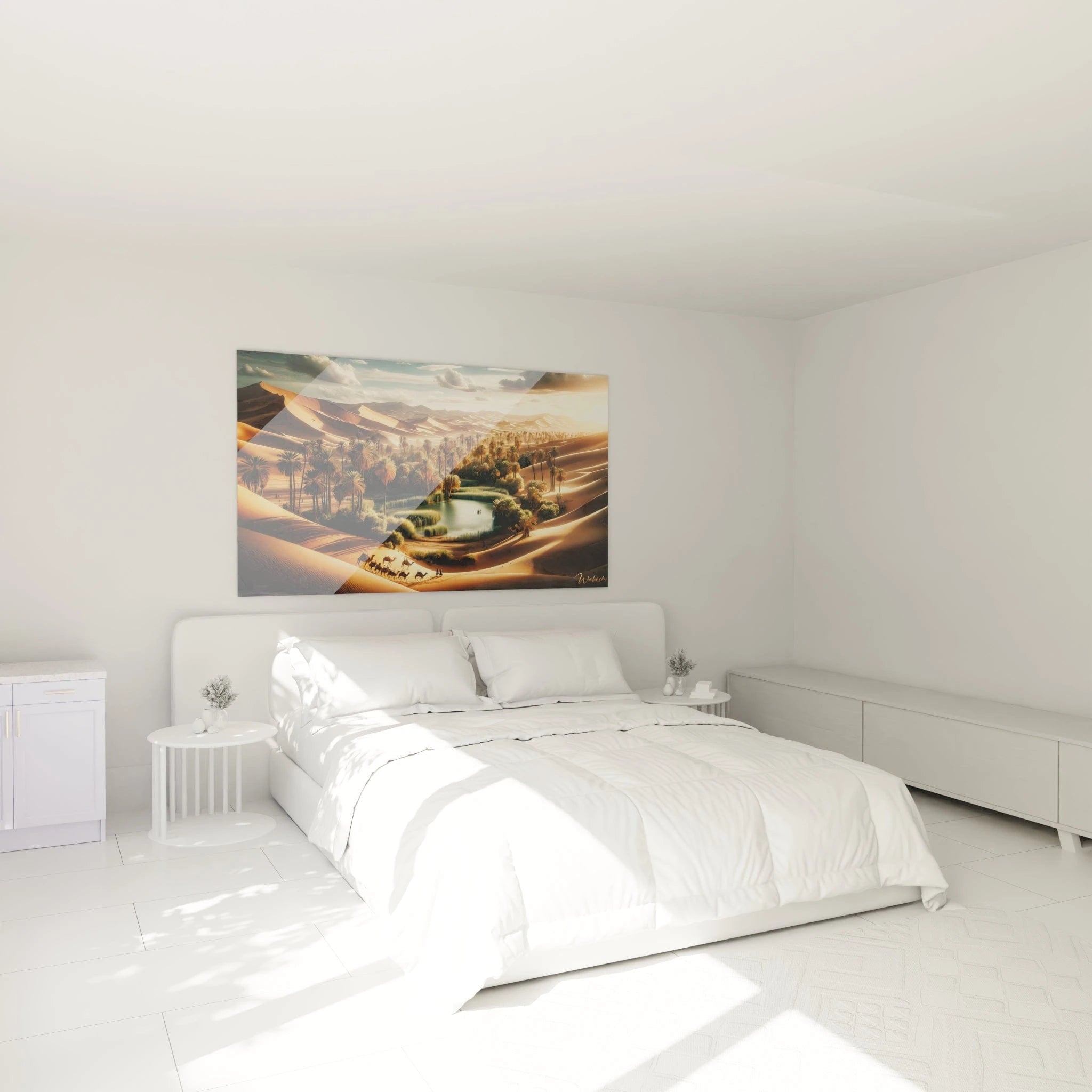 Un tableau paysage montrant une caravane de dromadaires traversant des dunes, avec un bassin entouré de végétation dense, teintes sable chaud, vert foncé et bleu clair.