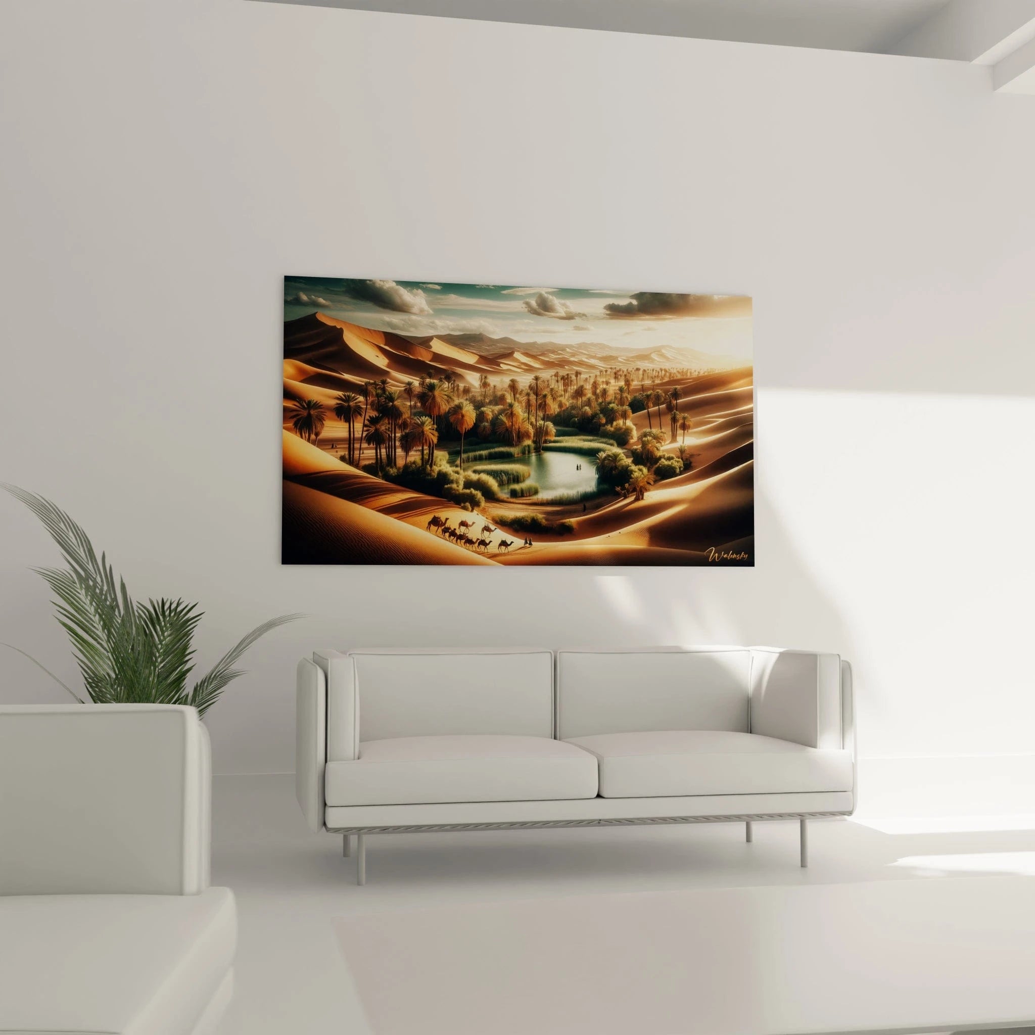 Tableau paysage figurant un désert vallonné avec une nappe d’eau bordée de palmiers, lumière rasante, textures granuleuses, et dégradés d’ocre, beige et vert profond.