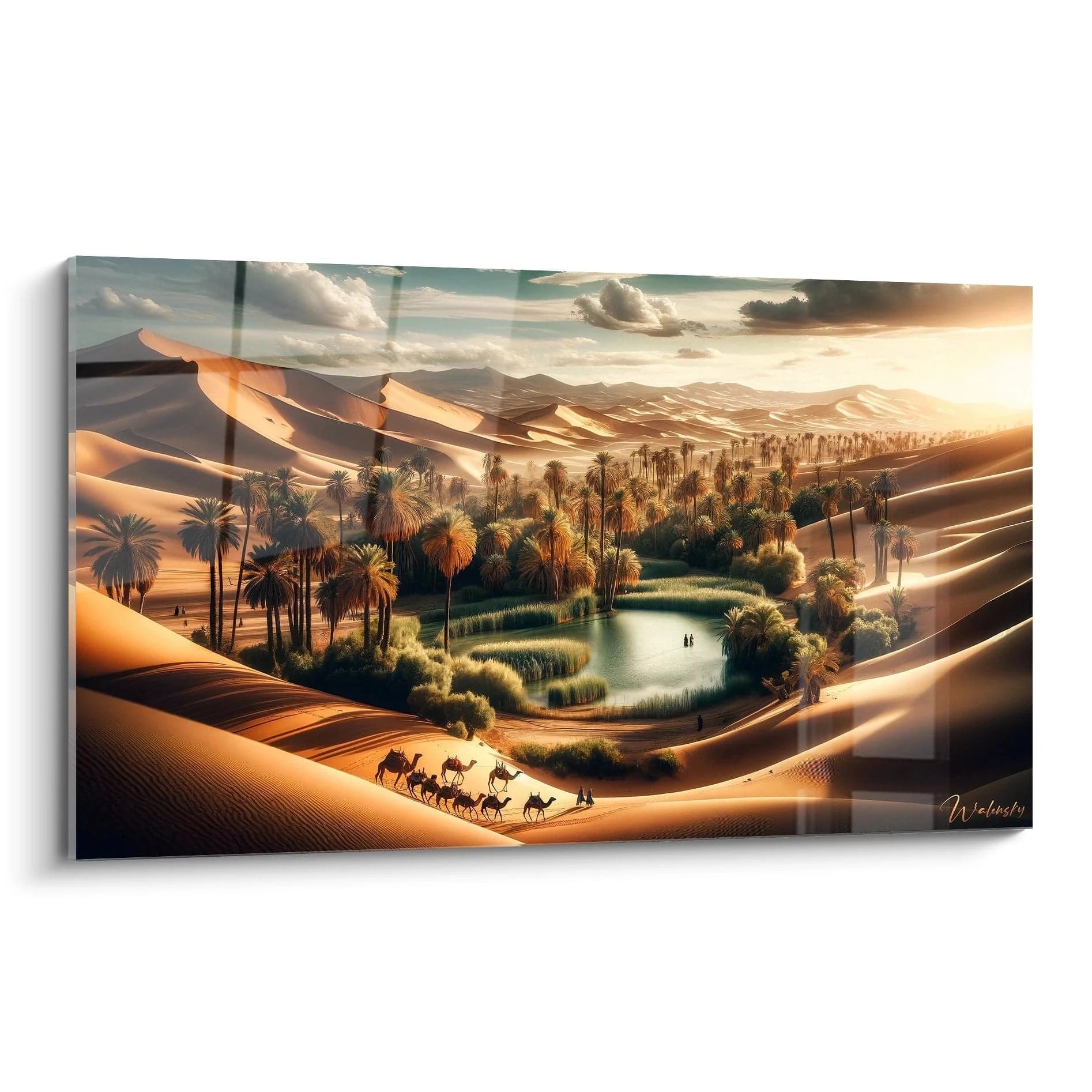 Tableau paysage représentant une oasis au centre de dunes désertiques, avec palmiers, sable doré, eau turquoise et textures ondulées sur les pentes sablonneuses.