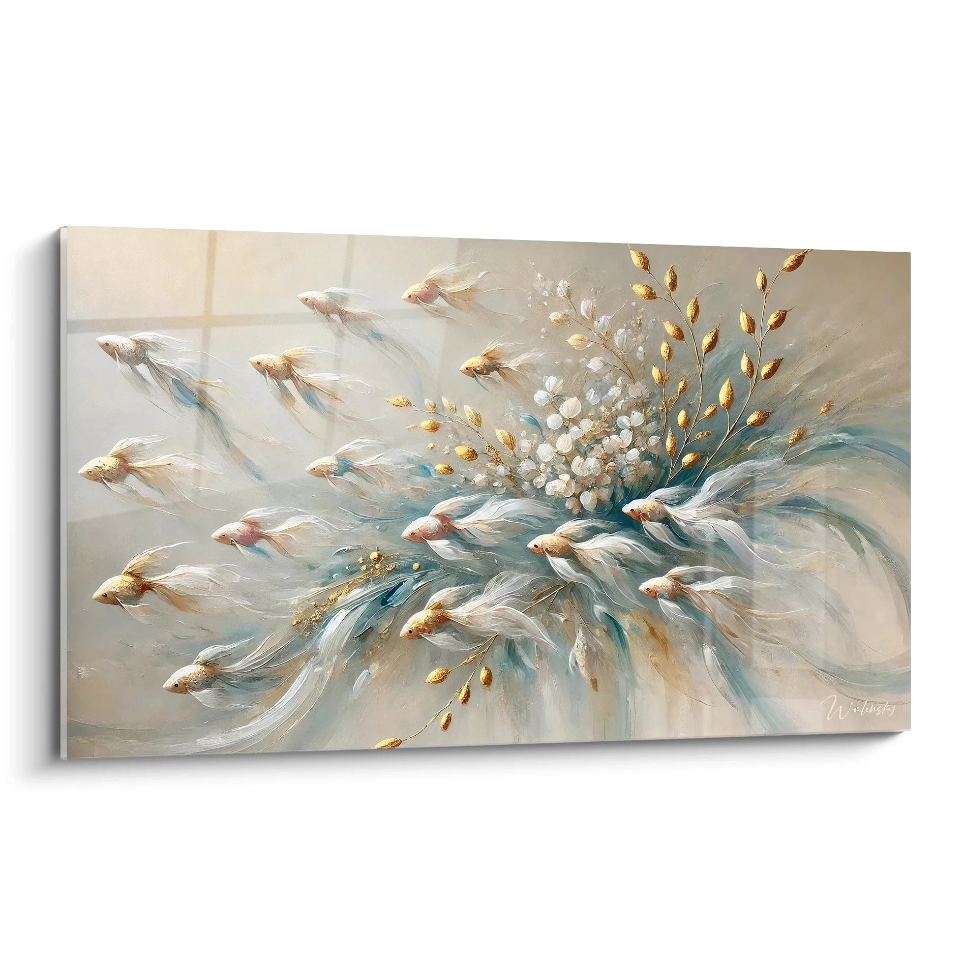 tableau poisson ideal pour une ambiance poetique grace a ses teintes douces et ses poissons aux formes elegantes. Laissez-vous emporter par la serenite des profondeurs aquatiques.