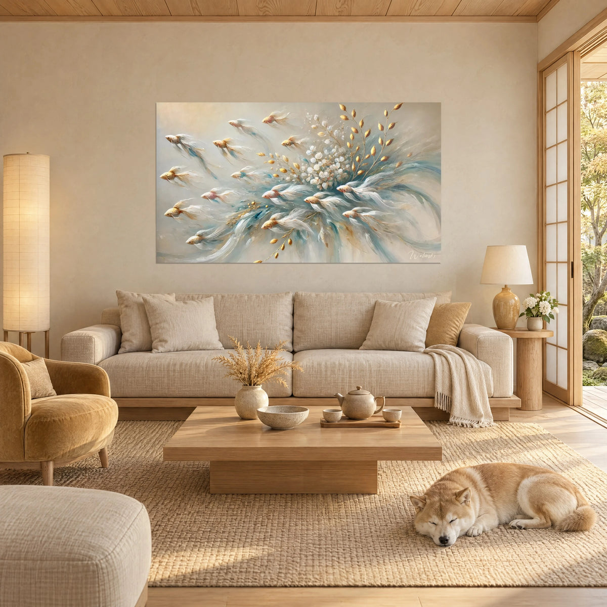 Cuadro banco de peces dorados con aletas de velo blancas, flores nacaradas y azul pálido, Shiba tumbado encima de un sofá en un salón luminoso