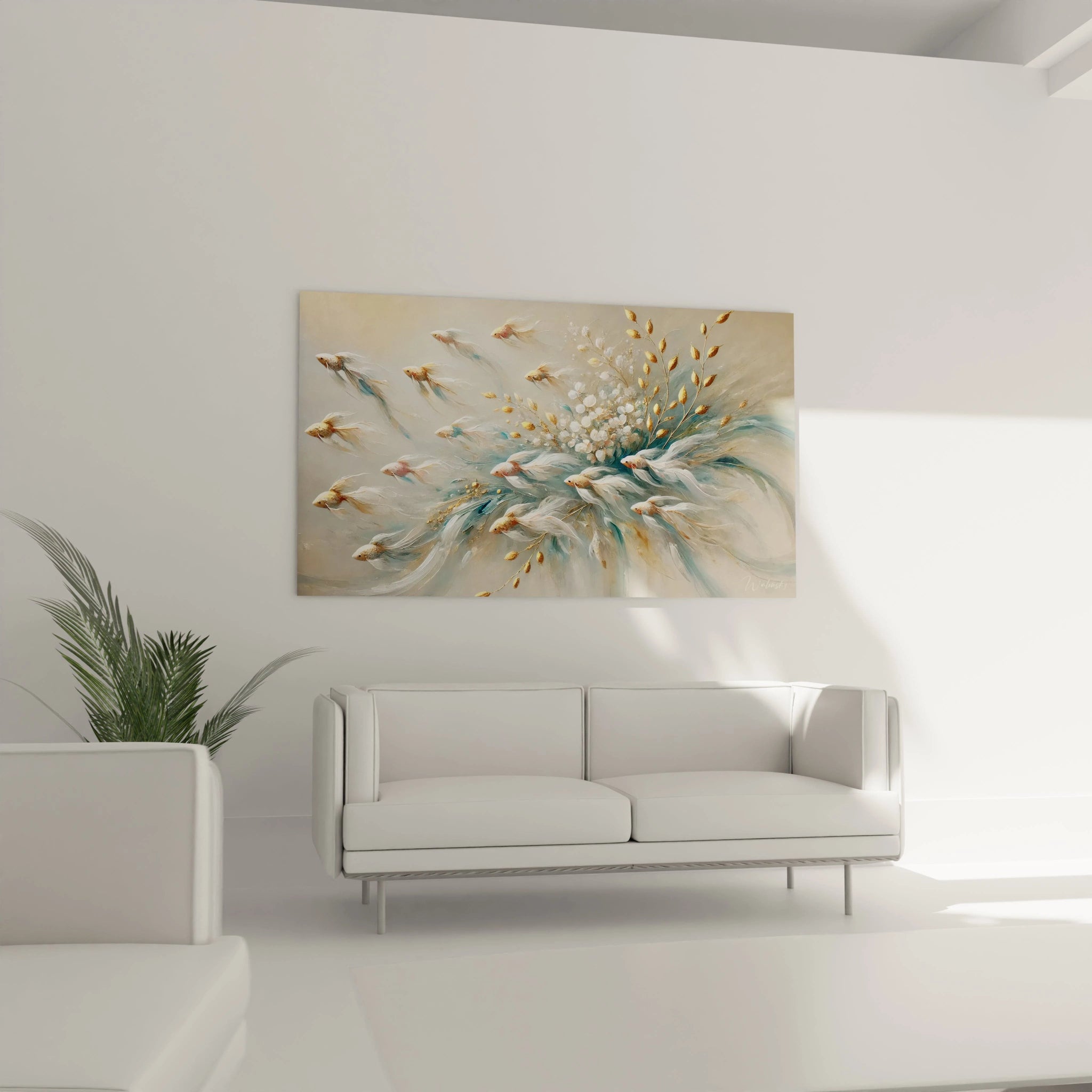 le tableau poisson ajoute une touche de raffinement a votre salon. Sa scene aquatique poetique se marie parfaitement avec un interieur moderne et elegant au-dessus d un canapé.