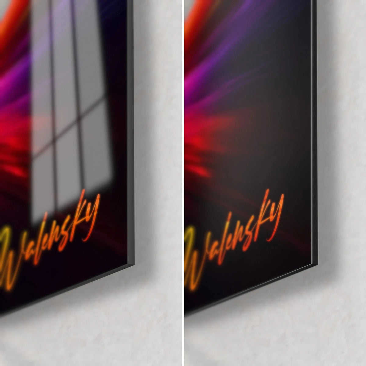 Schilderij abstracte zonnewervel, rechter onderhoek: glanzend acrylglas links, mat geborsteld Dibond-aluminium rechts, oranje signatuur