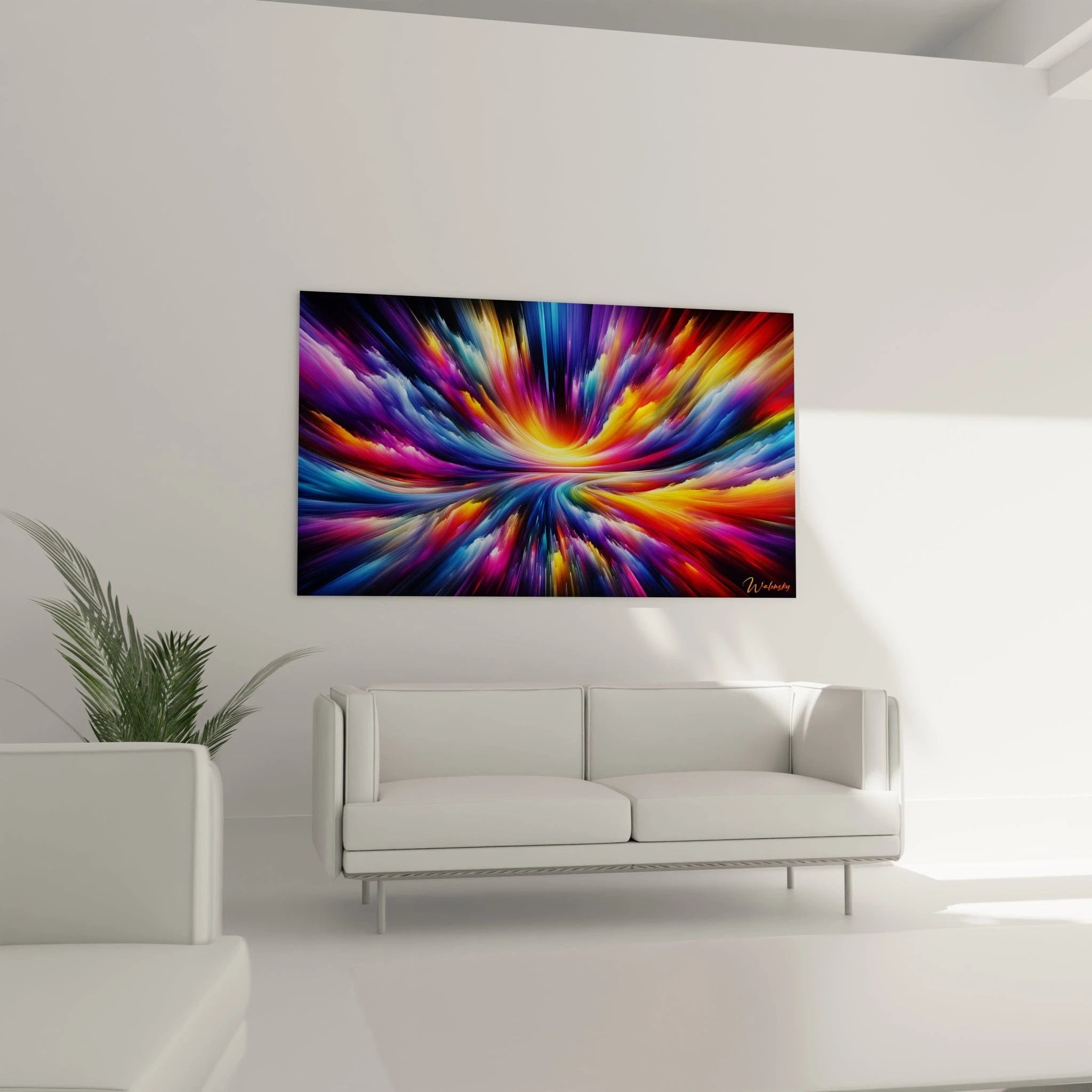 Tableau abstrait montrant un tourbillon de couleurs en perspective. Gamme colorée complète avec dominantes de bleu électrique, pourpre, vermillon, jaune citron et indigo. Effet visuel obtenu par couches superposées de couleurs étirées radialement. Composition centrée autour d'un foyer lumineux avec couleurs jaillissant vers les bords dans un mouvement dynamique.