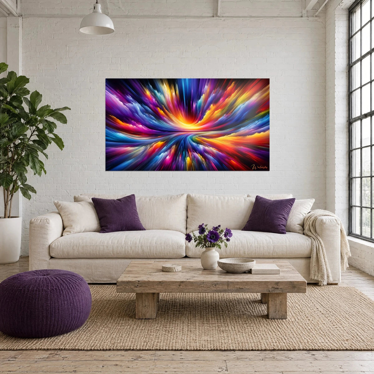 Schilderij kleurenexplosie die uit een gouden hart opspat, violette en blauwe stralen boven een bank in een lichte woonkamer