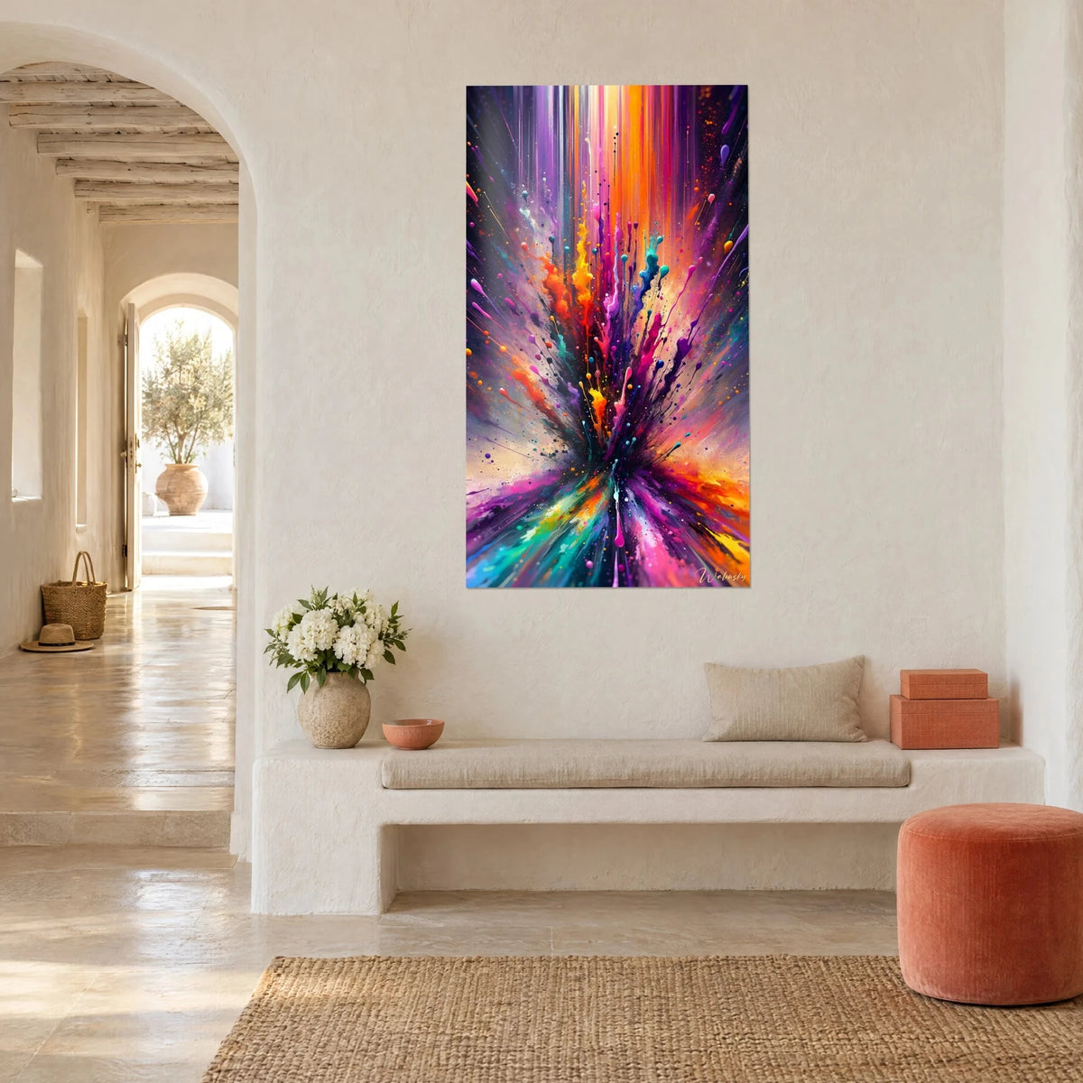 Wall art fountain of magenta and gold paint drips rising from a dark core, three-quarter view in a whitewashed Mediterranean home
