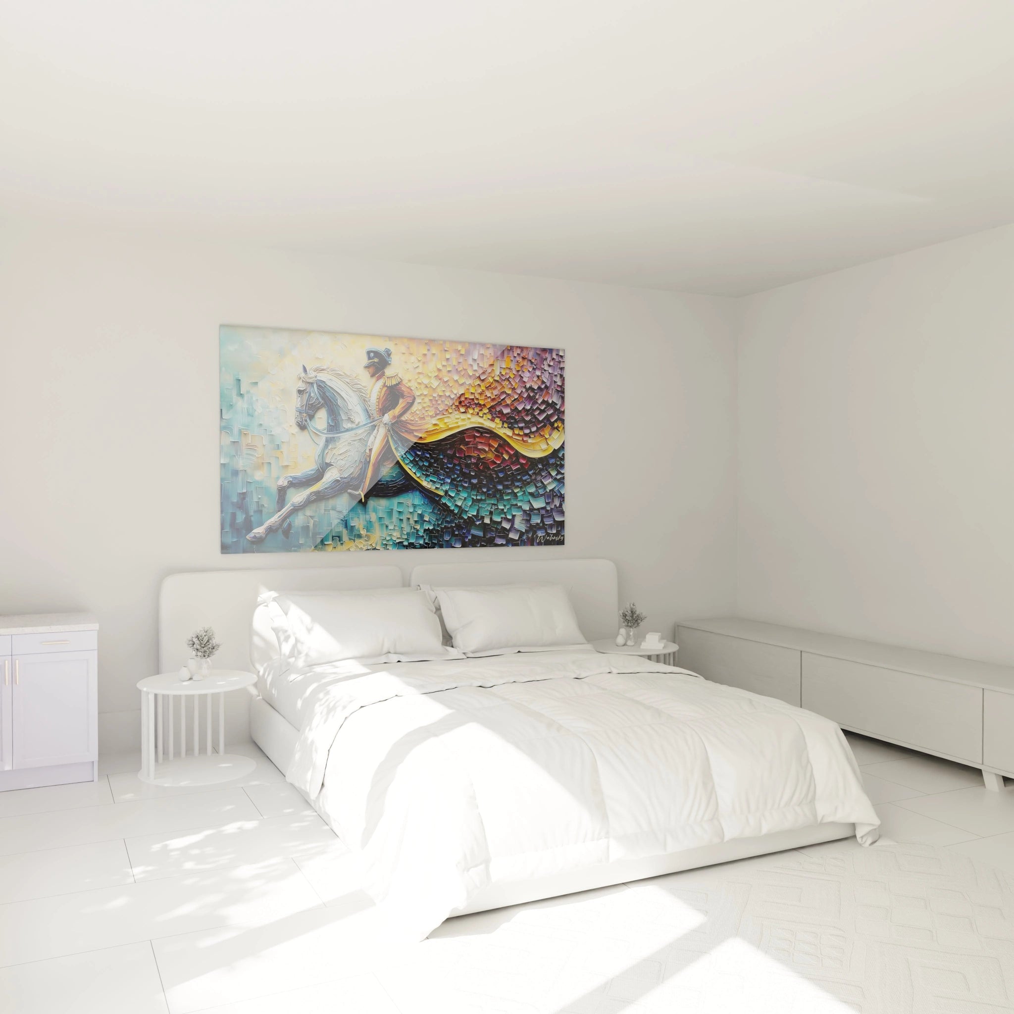 tableau mural Napoléon Walensky coloré au dessus d un lit blanc minimaliste dans une chambre lumineuse