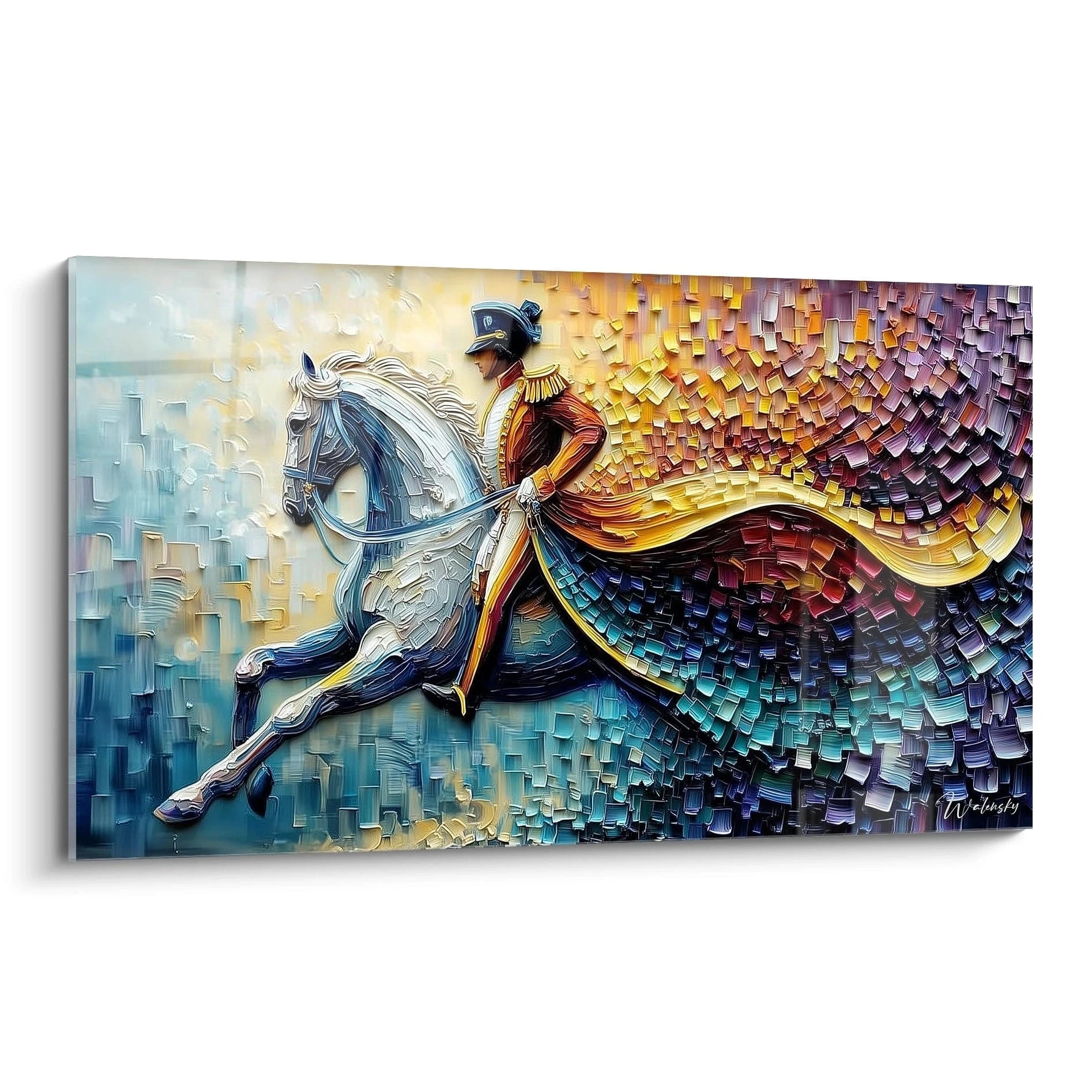 tableau mural Napoléon Walensky représentant Napoléon à cheval blanc style mosaïque colorée texturée pour décoration murale