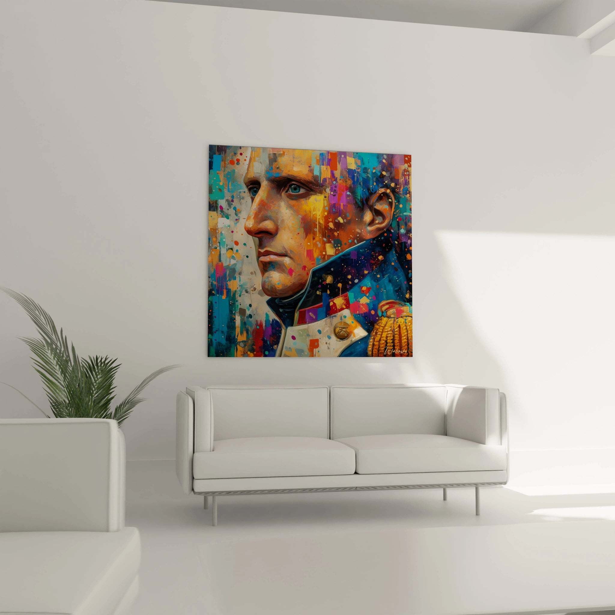 tableau Napoléon décoratif Walensky portrait coloré sur toile carrée accroché au-dessus d un canapé blanc moderne