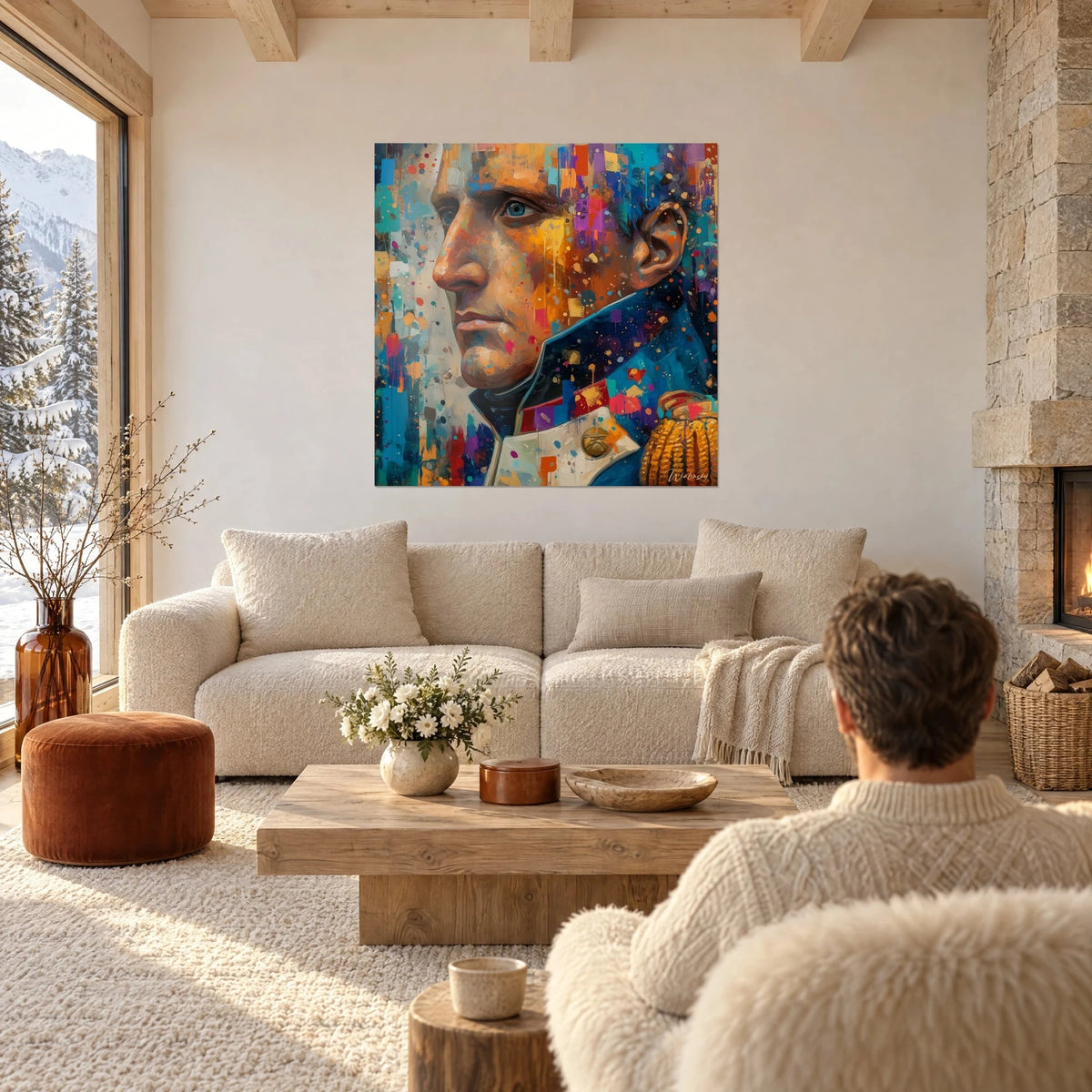 Schilderij profielportret van Napoleon in oranje en turquoise scherven, blauwe kraag, persoon van achteren gezien, boven een bank in een lichte woonkamer