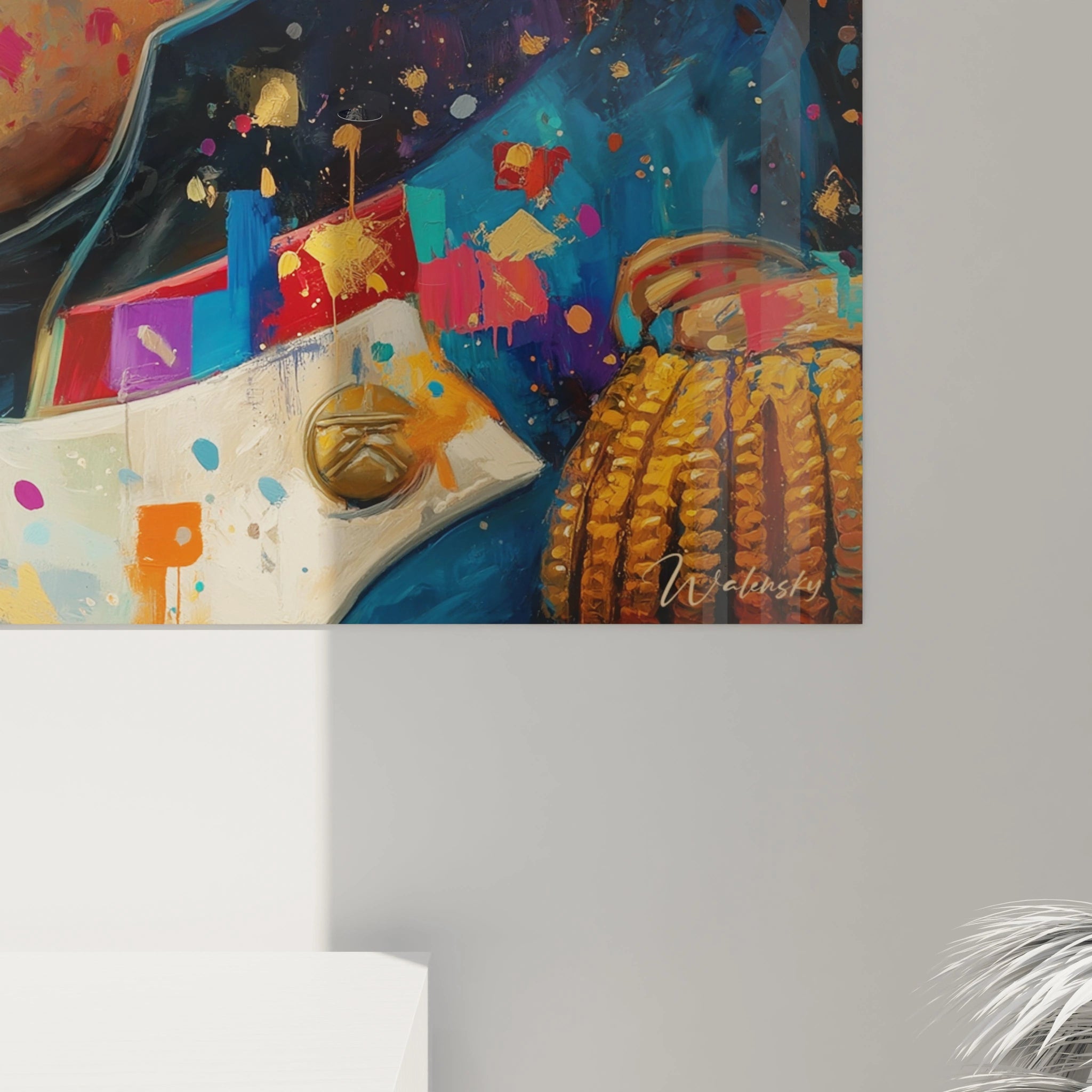 tableau Napoléon décoratif Walensky, peinture murale pop art colorée montrant épaulette dorée et éclaboussures