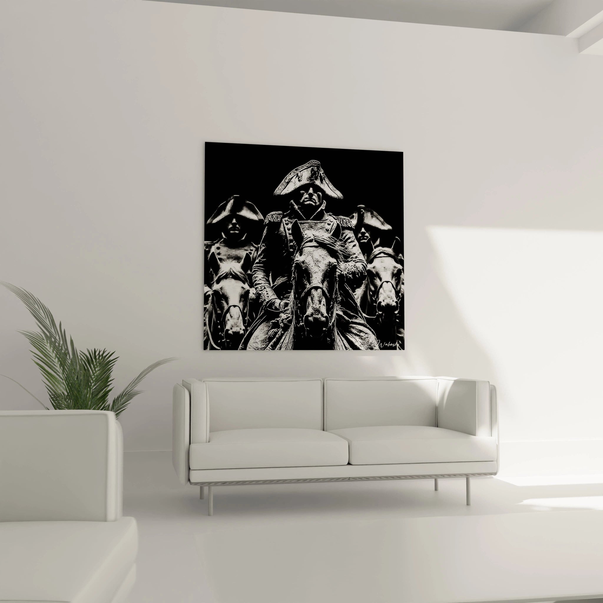 tableau Napoléon décoration murale Walensky en noir et blanc représentant Napoléon à cheval au dessus du canapé moderne