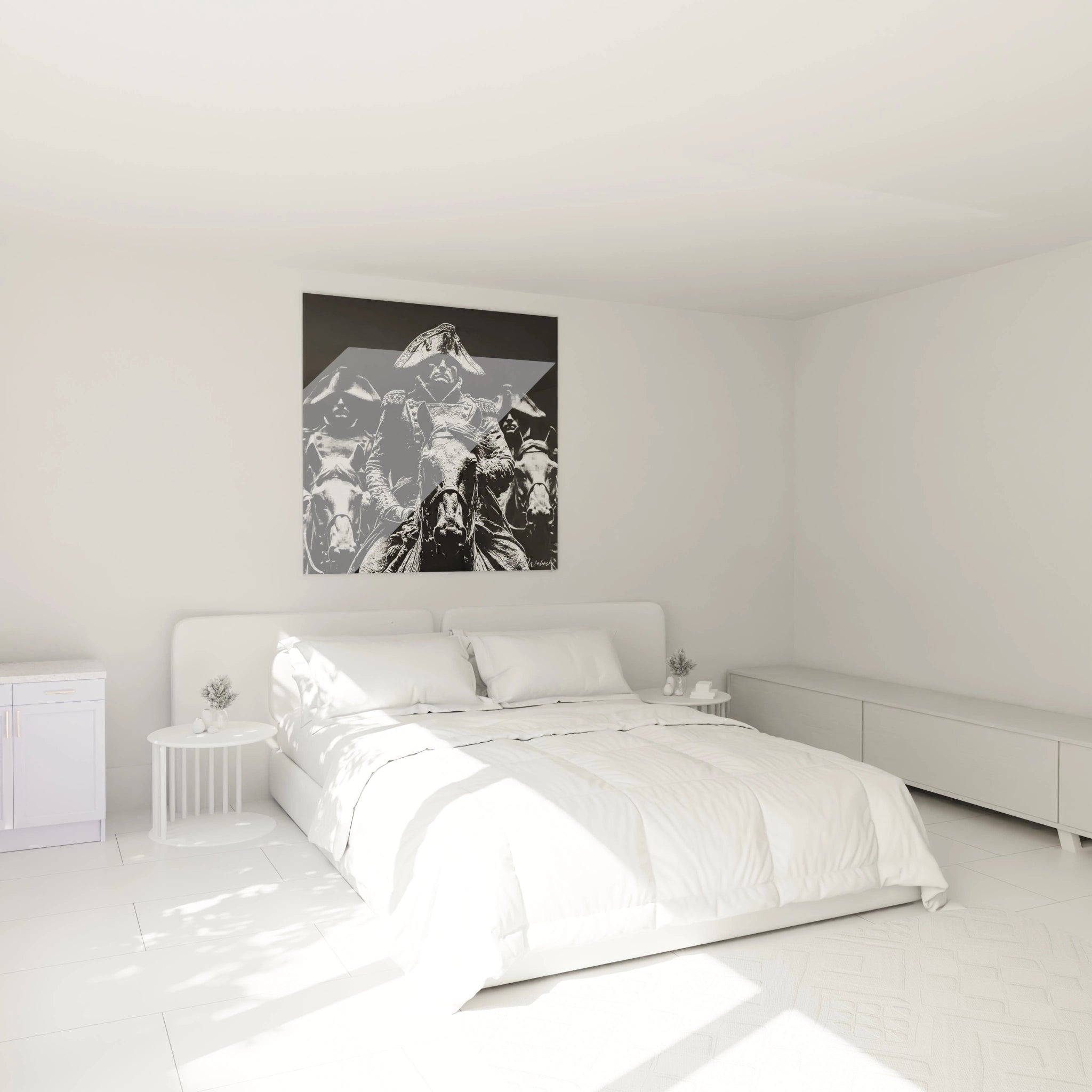 tableau Napoléon décoration murale Walensky noir et blanc au dessus d un lit blanc dans chambre minimaliste