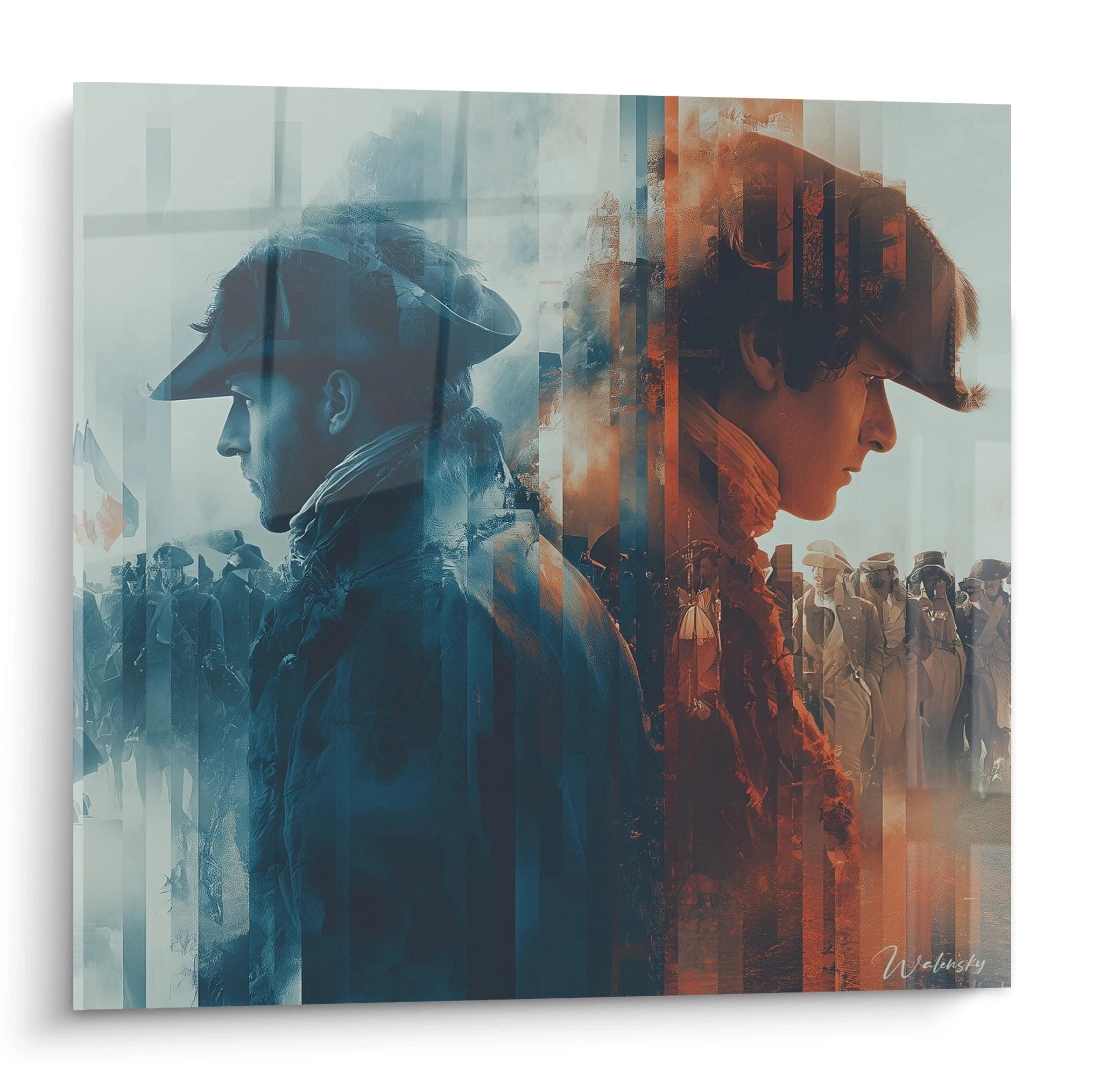Walensky tableau Napoléon révolution française double portrait profil dos a dos tons bleu et orange soldats en arrière