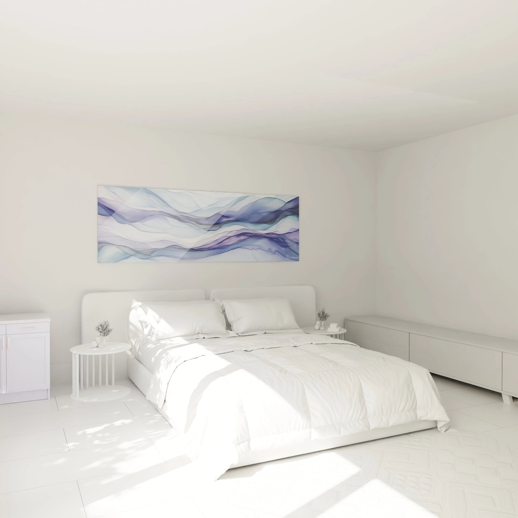 Tableau moderne abstrait de Walensky avec des vagues en bleu et violet pour décoration intérieure