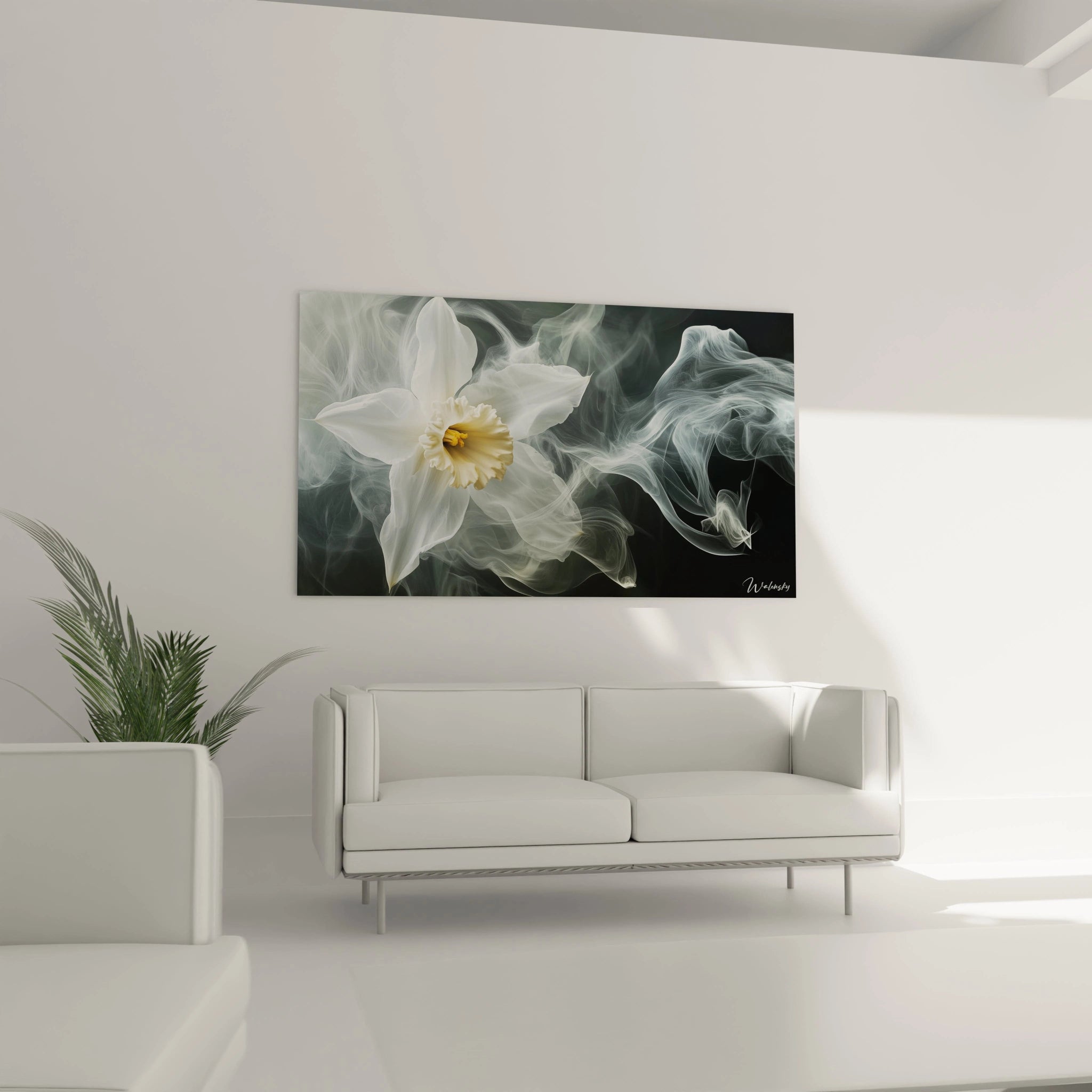 Un tableau Narcisse nature mettant en avant un narcisse aux pétales semi-transparents, baigné dans un fond sombre avec des volutes grises évoquant un effet de mouvement et une texture vaporeuse.