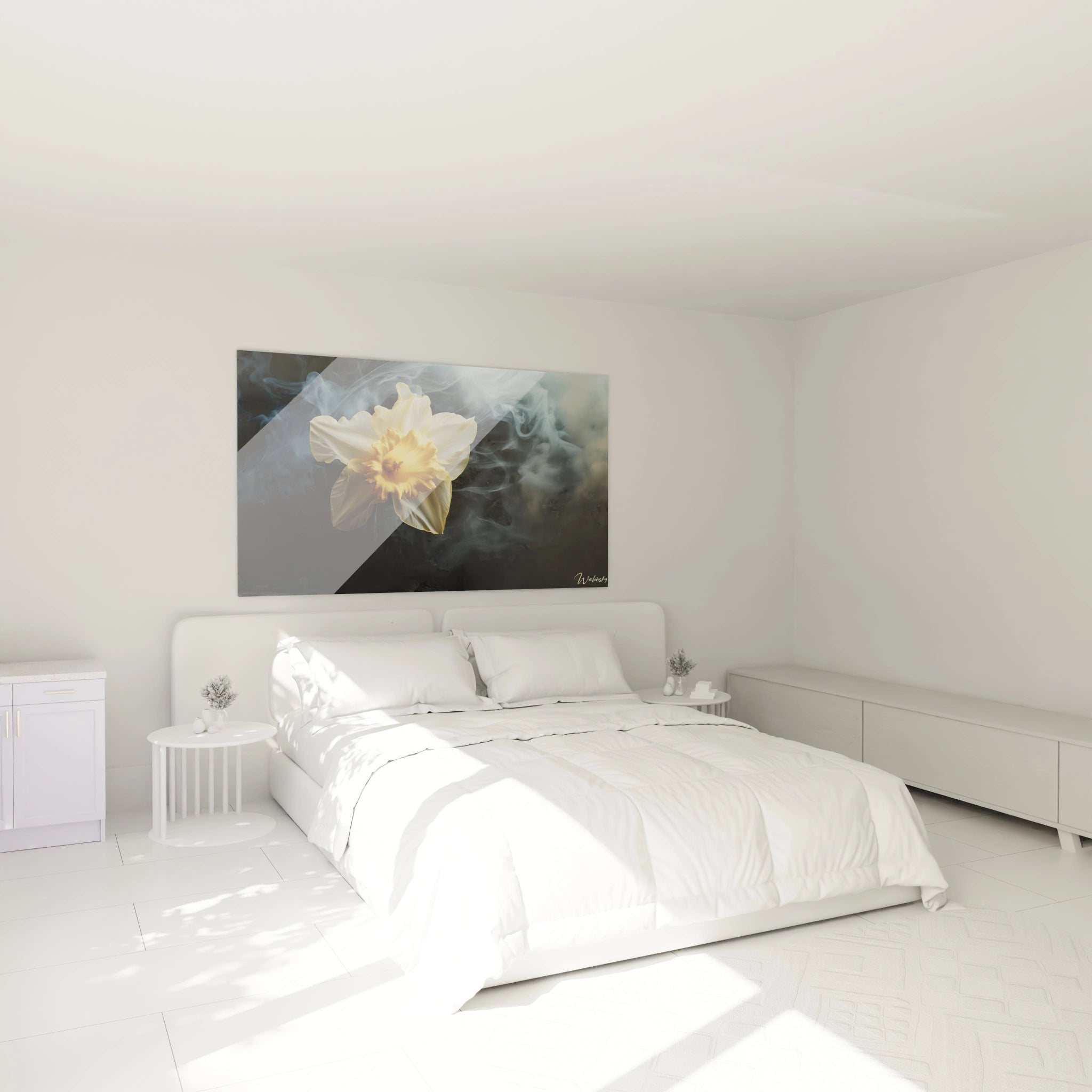 Ce tableau Narcisse nature présente une fleur aux pétales blancs et un cœur jaune vif, avec un effet de brume diffuse en arrière-plan. La composition met en avant des contrastes de lumière et d’ombre.