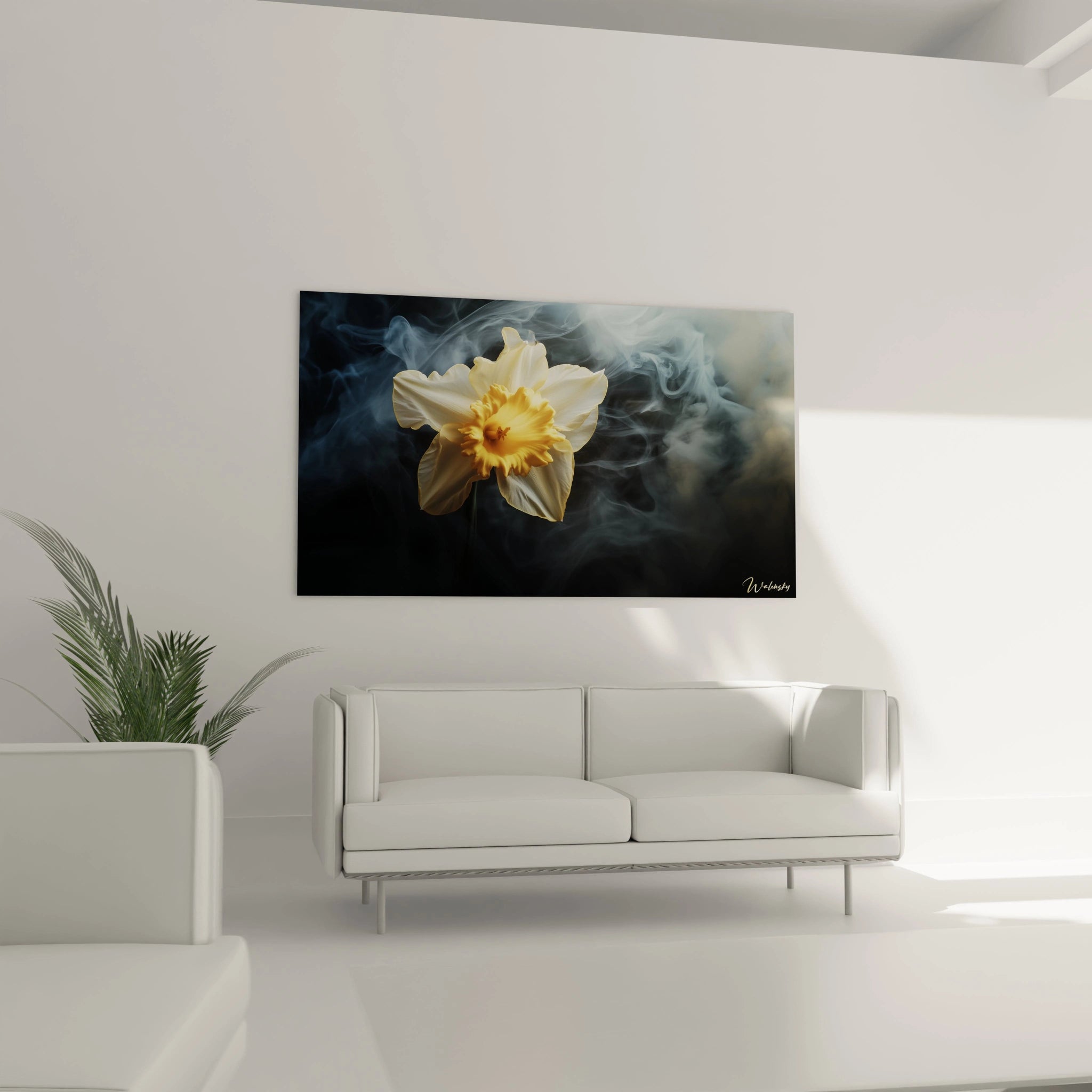 Un tableau Narcisse nature illustrant un narcisse détaillé aux teintes jaunes et blanches, enveloppé dans une fumée grise. La texture douce de la fleur s’oppose au fond sombre et brumeux.