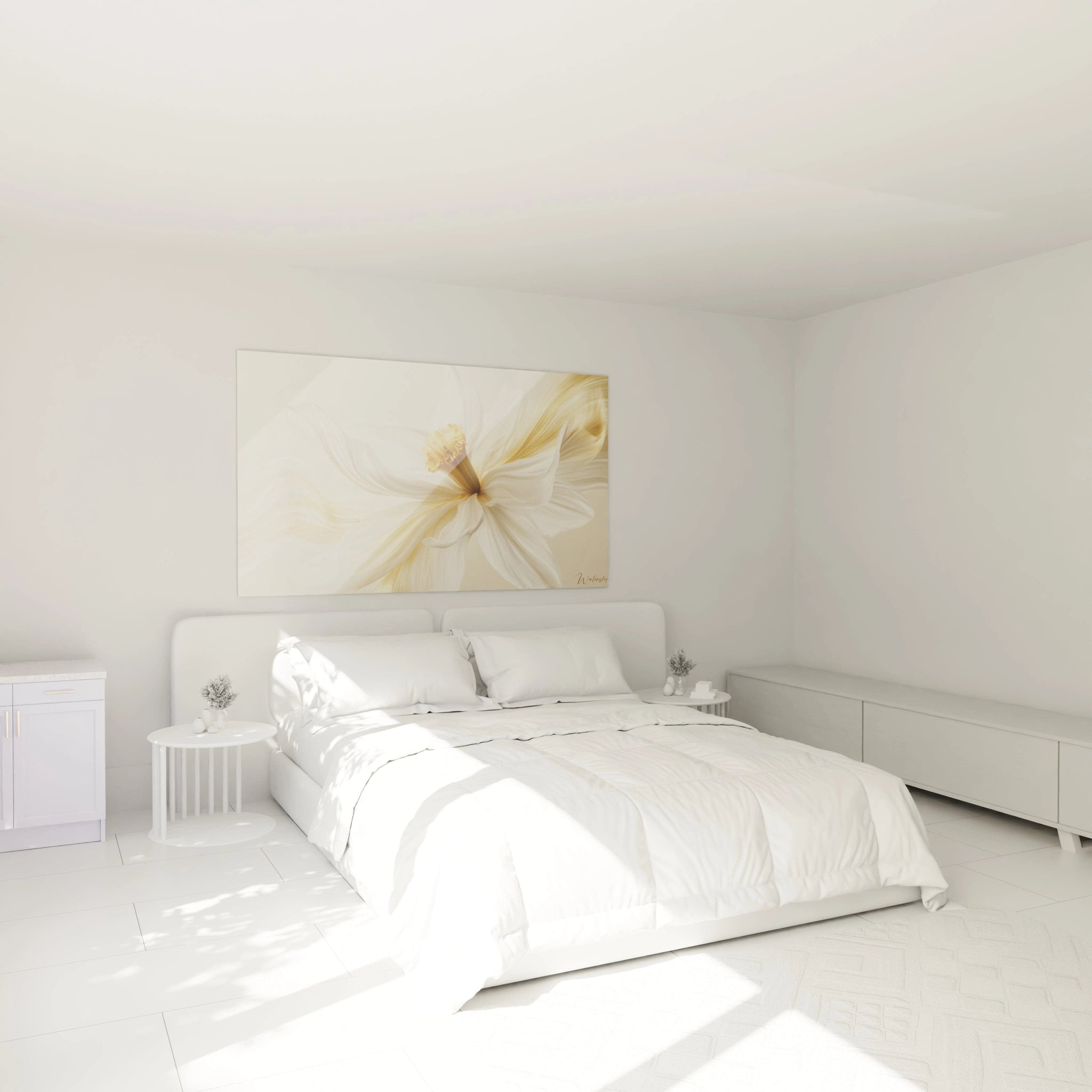 Un tableau Narcisse nature mettant en avant une composition florale en blanc, or et beige. Les pétales légers et les effets de mouvement apportent une sensation de fluidité sur un fond lumineux.