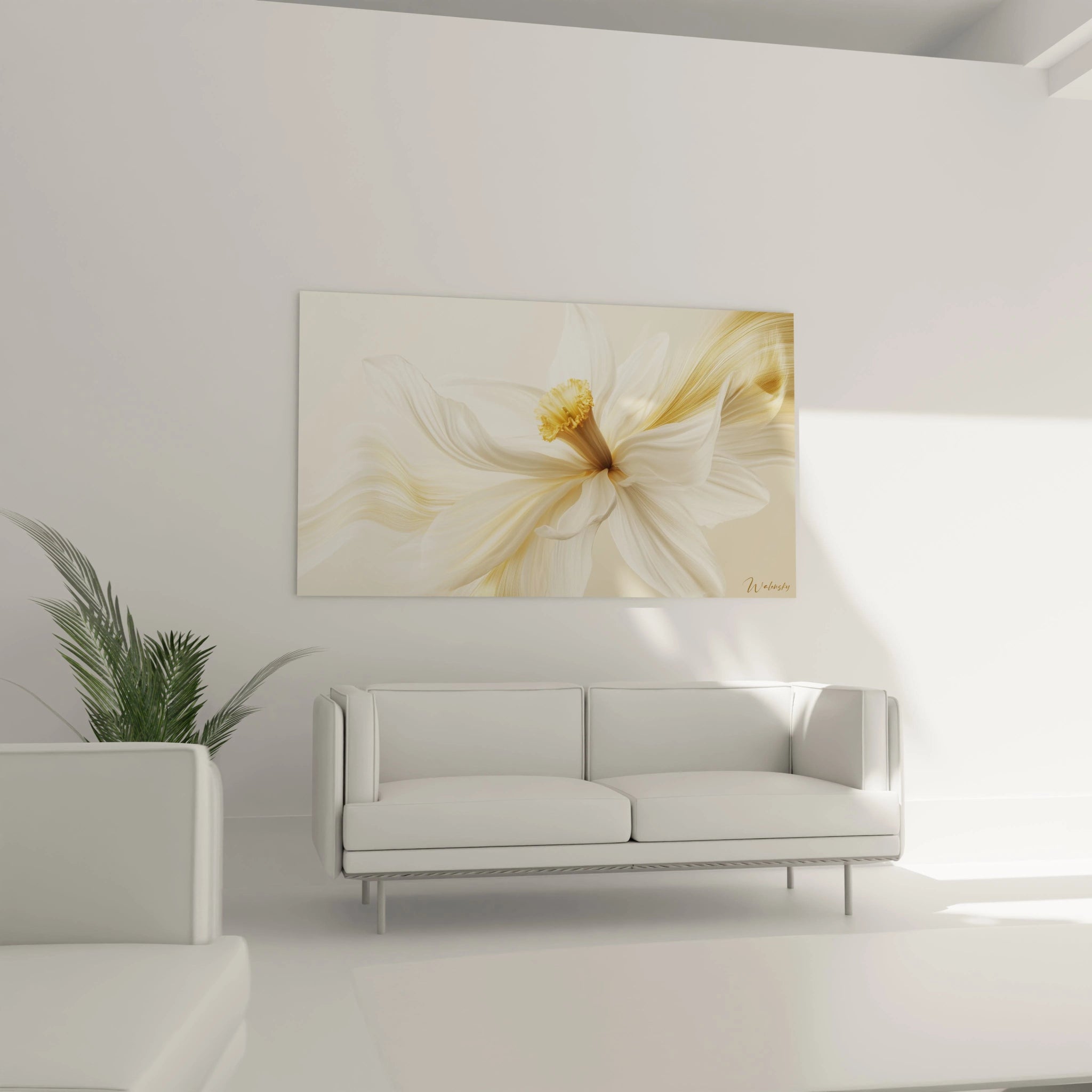 Un tableau Narcisse nature illustrant un narcisse stylisé aux tons blancs et dorés, avec des nuances beiges. Les textures fines et les dégradés subtils donnent un effet vaporeux et délicat.