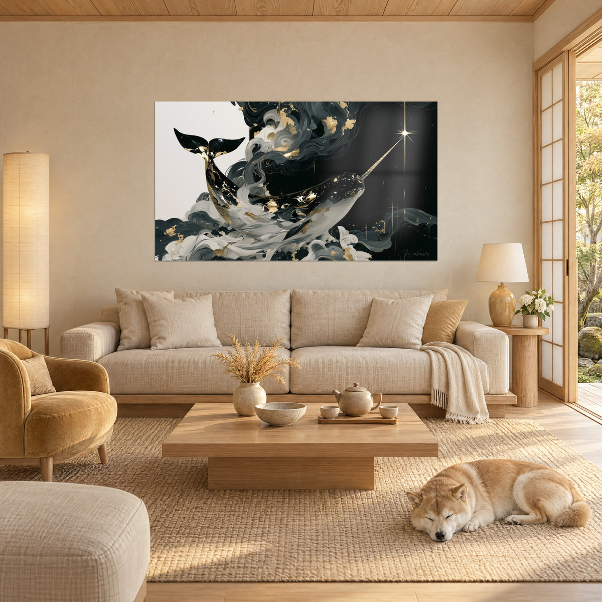 Gemälde Narwal in schwarzer Tinte mit langem elfenbeinfarbenem Stoßzahn, graue Wellen und goldene Funken, schlafender Shiba, über einem Sofa in einem hellen Wohnzimmer
