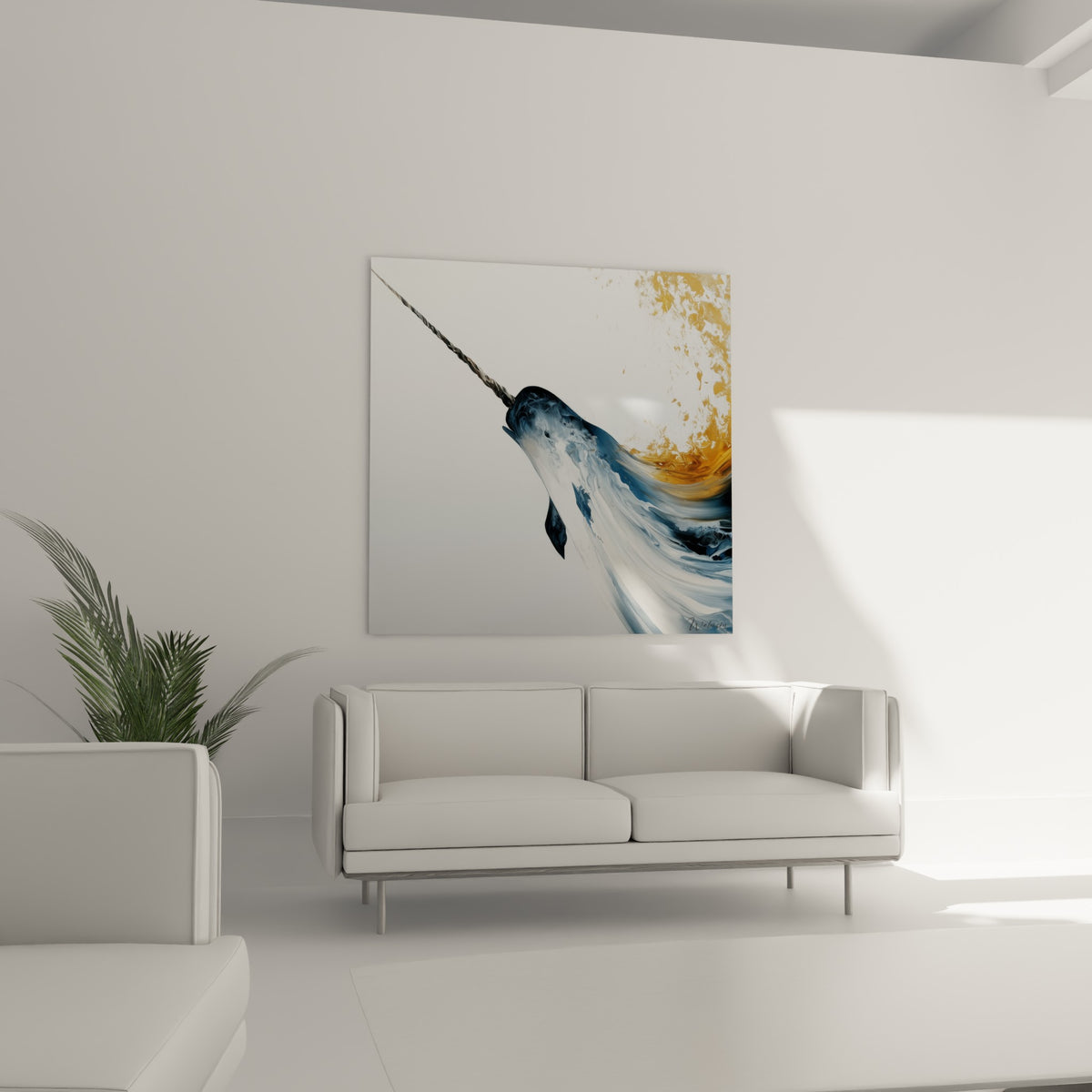 Silhouette de narval anthracite et doré en mouvement fluide, au-dessus d'un canapé dans un salon lumineux
