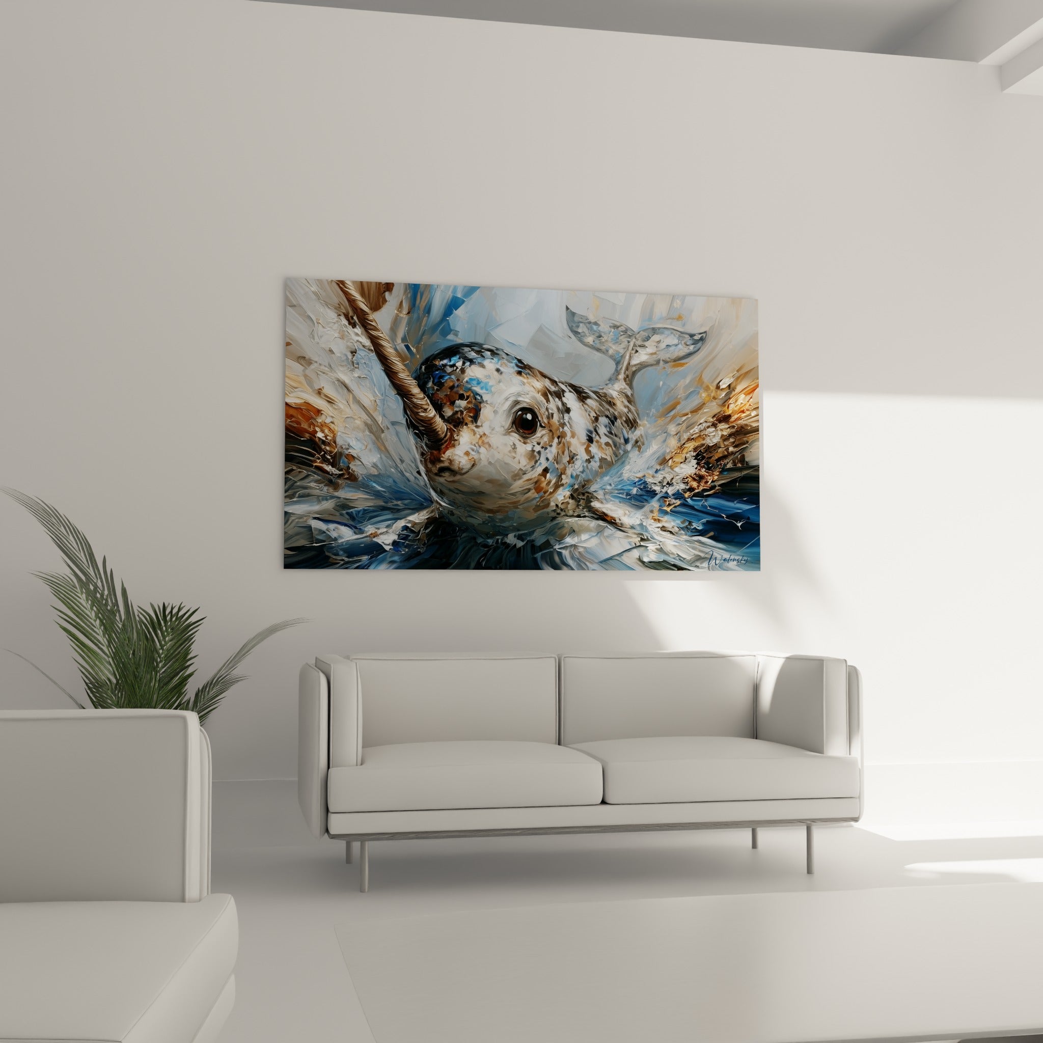 Créature marine tachetée d'ocre et de bleu profond, accrochée au-dessus d'un canapé dans un salon lumineux