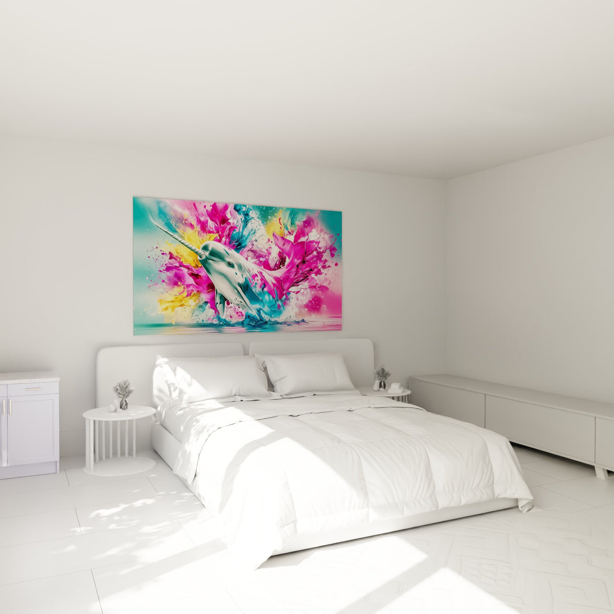 Créature marine blanche aux éclats roses et jaunes accrochée au-dessus d'un lit dans une chambre claire