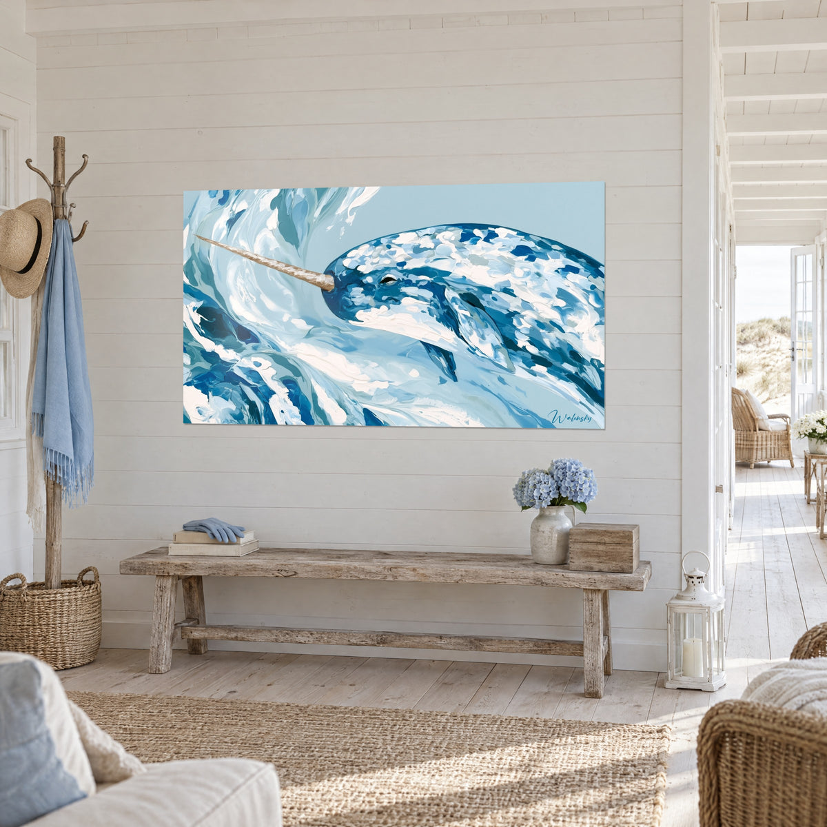 Wall art unicorn whale in azure and ivory impasto, long beige tusk cutting through the foam, three-quarter view, seaside house
