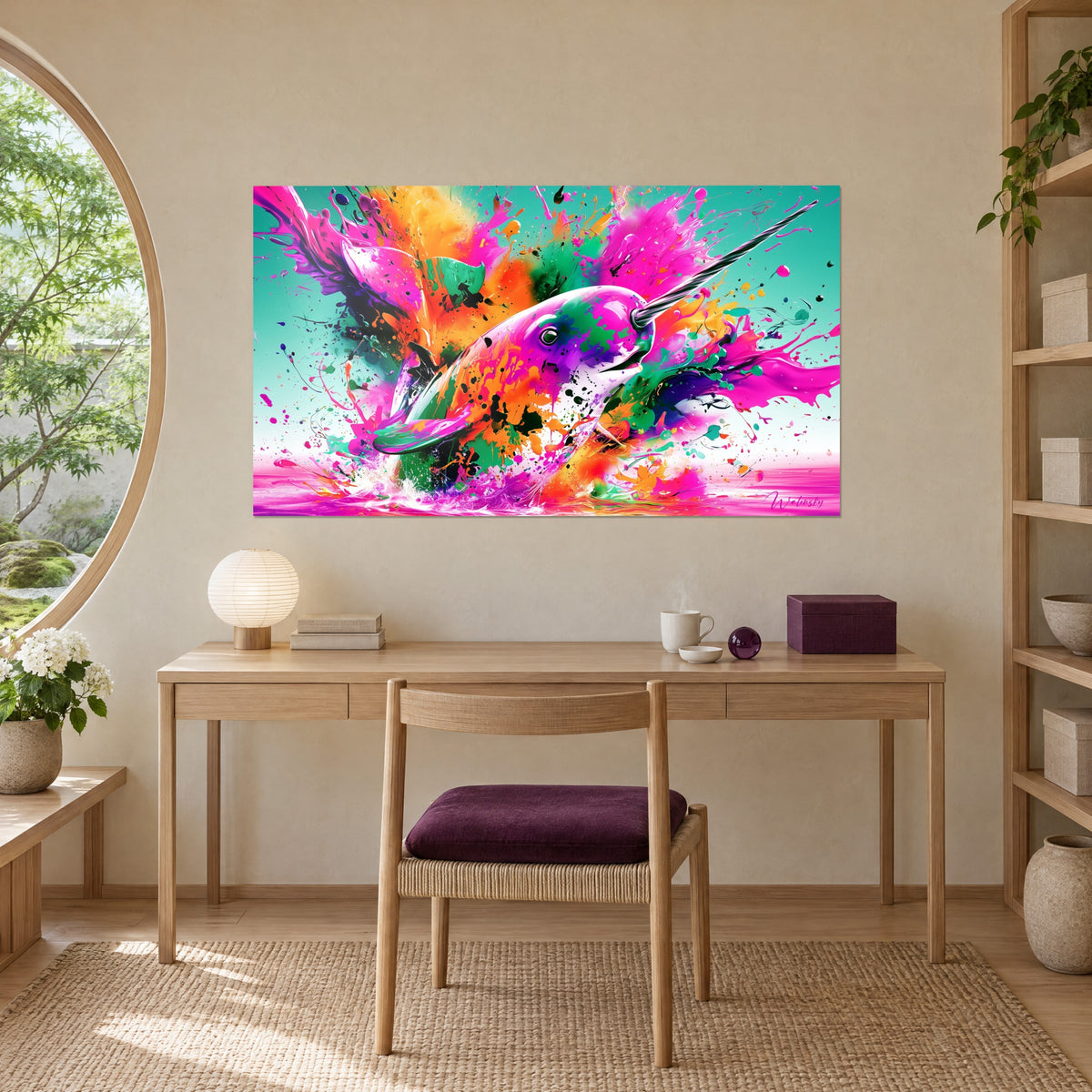 Tableau mammifère marin éclaboussé de rose fluo et d'orange, défense argentée, accroché au-dessus d'un bureau en bois clair japandi