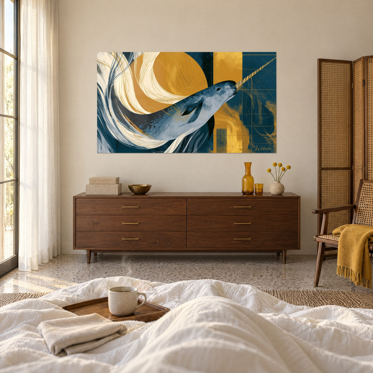 Cuadro unicornio marino azul vaquero, largas olas marfil y astro dorado, encima de una cama en un dormitorio luminoso
