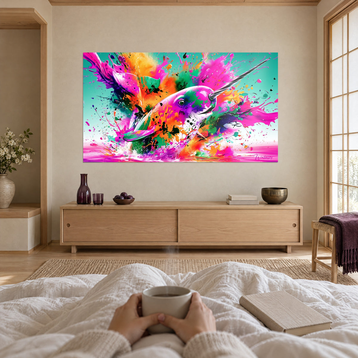 Tableau baleine à corne surgissant d'éclats violets, orange et turquoise, deux dormeurs de dos au-dessus d'un lit dans une chambre claire