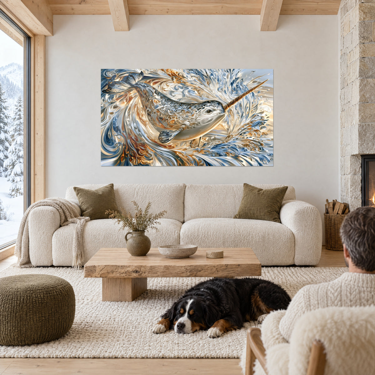 Quadro narvalo argentato con lunga zanna ramata, volute blu acciaio e dorate, due persone e un cane sopra un divano in un soggiorno luminoso