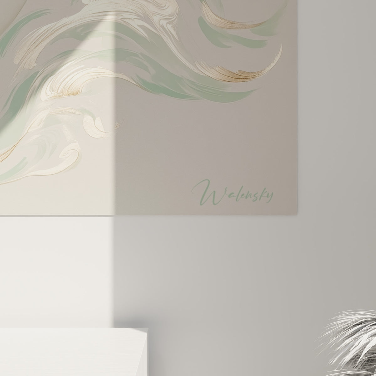 Détail des vagues dorées et vertes du narval, textures fines et empâtements visibles à l'impression