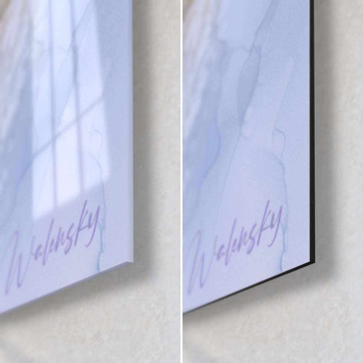 Wall art sea unicorn in lilac and gold, bottom right corner: glossy acrylic glass on the left, matte Dibond and 3 mm edge on the right
